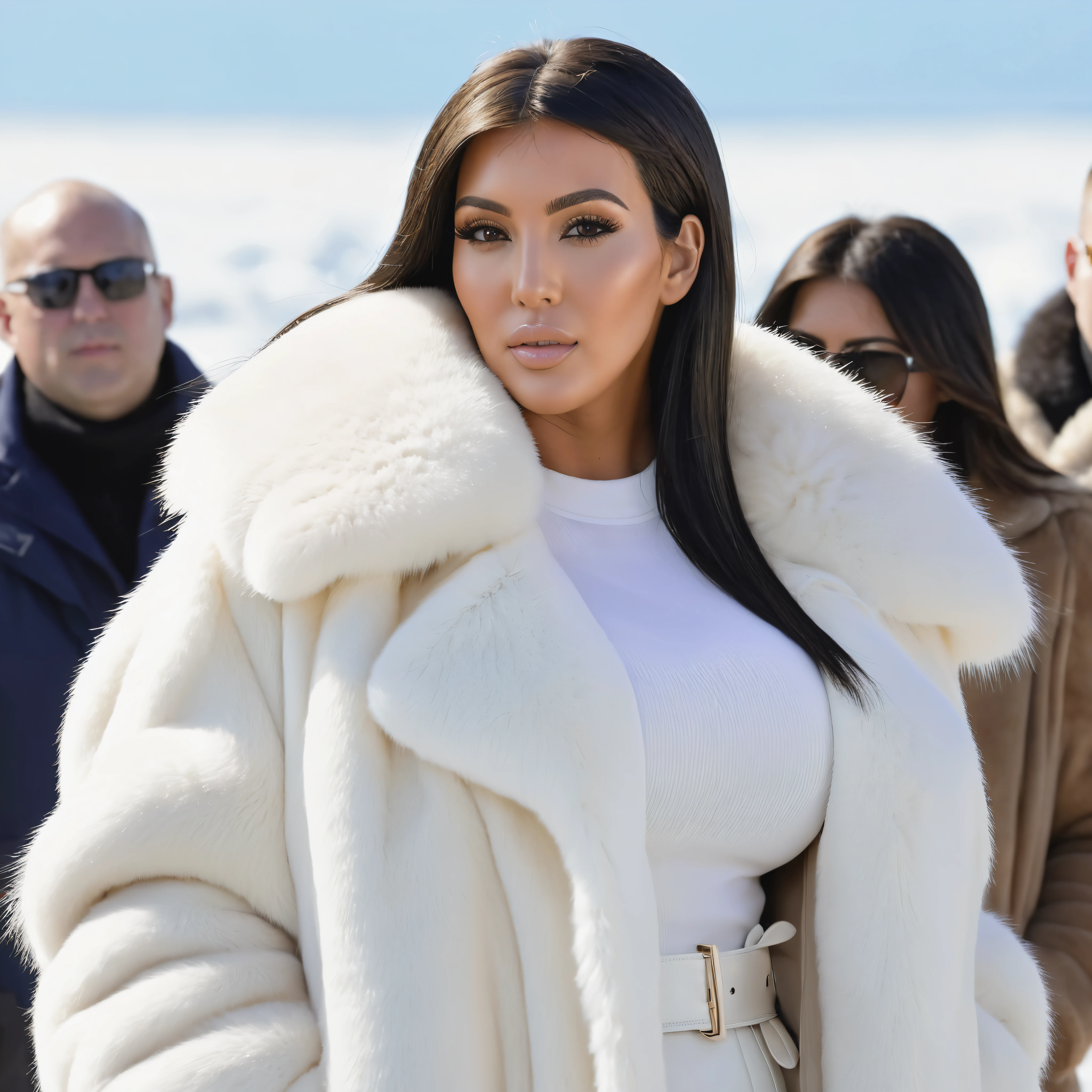 A very wide and very thick, very long sand mink fur coat, fifty centimeters thick, duveteux, naturel, with an ultra thick white and sand mink fur collar, three layers, sur Kim Kardashian, fully nude front view, bare shoulders, and two large breast discovered by the fur, at sunny Concours d'Elegance automobile , en haute résolution de la plus high quality、,Photo 8K HDR), Realistic texture, realistic shadows,