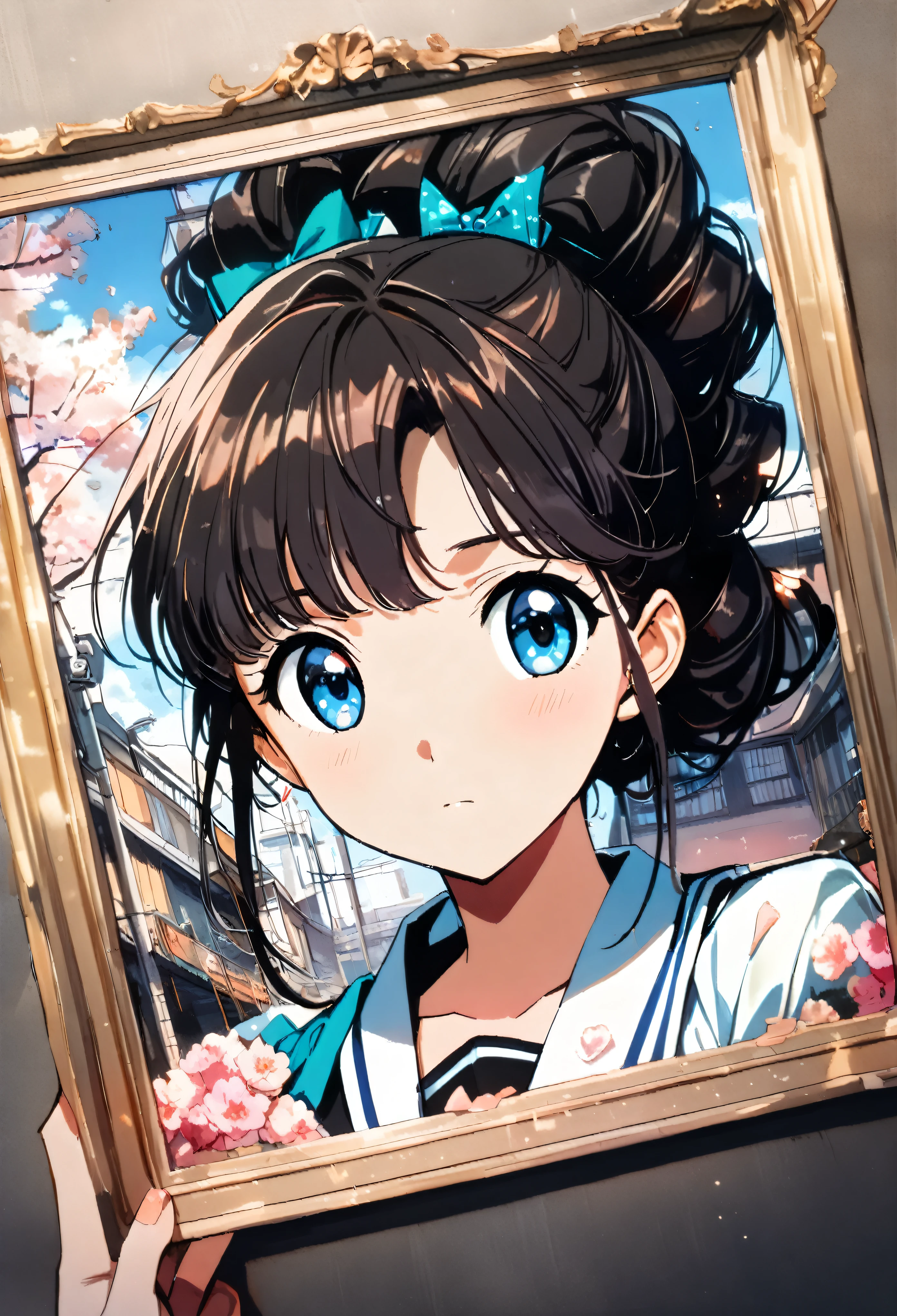 highres, extremely details, dramatic brightness, best quality art, 32k, 8K wallpaper, 4K digital animation, (1980s Japanese anime art:1.5). 1girl, she sad and remember a boy friend, he moved from school. (Her hair color is black:1.3),((a photo of girl, 1980s Japanese idol hairstyle:1.7)),(blue eyes :1.3),(detailed eyes and tears:1.3),close up upper body, (she wearing a sailor suit uniform in the room:1.5),(She holding a crumpled old paper in hand:1.5), (She looking memo on this crumpled paper:1.3), (The cherry blossom trees shine beyond the window:1.3)