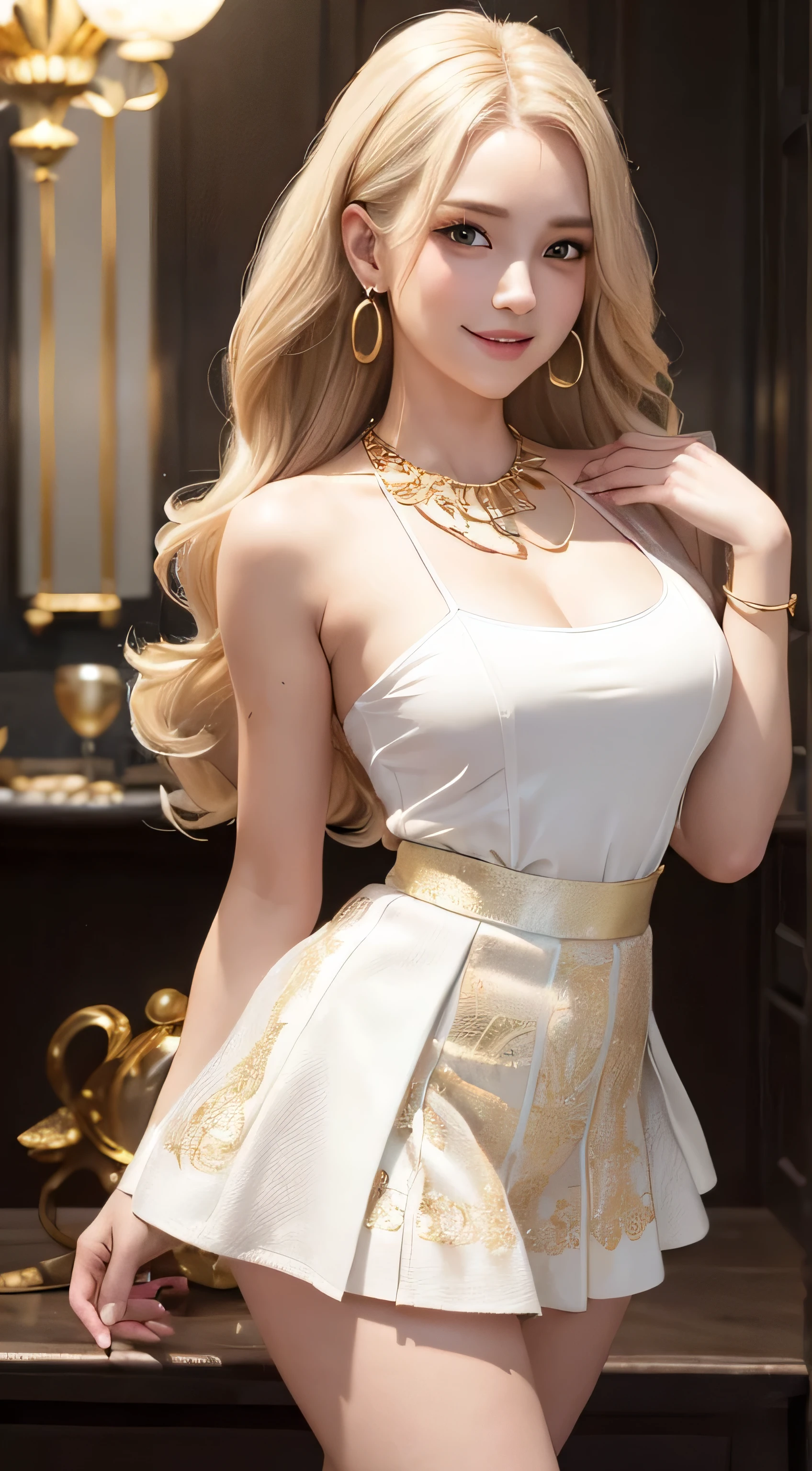 European and American women, Fashion Model, (flooming laced mini dress), ((white color dress)), (tight skirt), (ultra mini skirt), exposed ass, (up skirt shot), blonde hair, brown eyes, 8K, high quality, masterpiece, 最high quality, hd, very detailed, volumetric lighting, realistic、((Hair with loose waves inside:1.2)),((gold necklace_Large earrings:1.2)),((shy smile:1.3)),fullbody shot、((full figure supermodel standing, entire body in frame))
