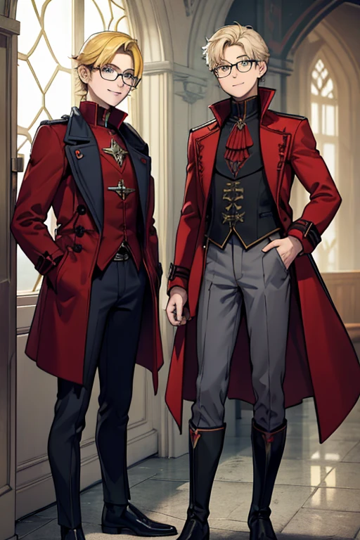 male, blonde short hair, blue eyes, (((1boy))), (((red gothic coat with yellow trim))), (black shirt), (grey pants), (black knee high boots), (glasses), long legs, smiling