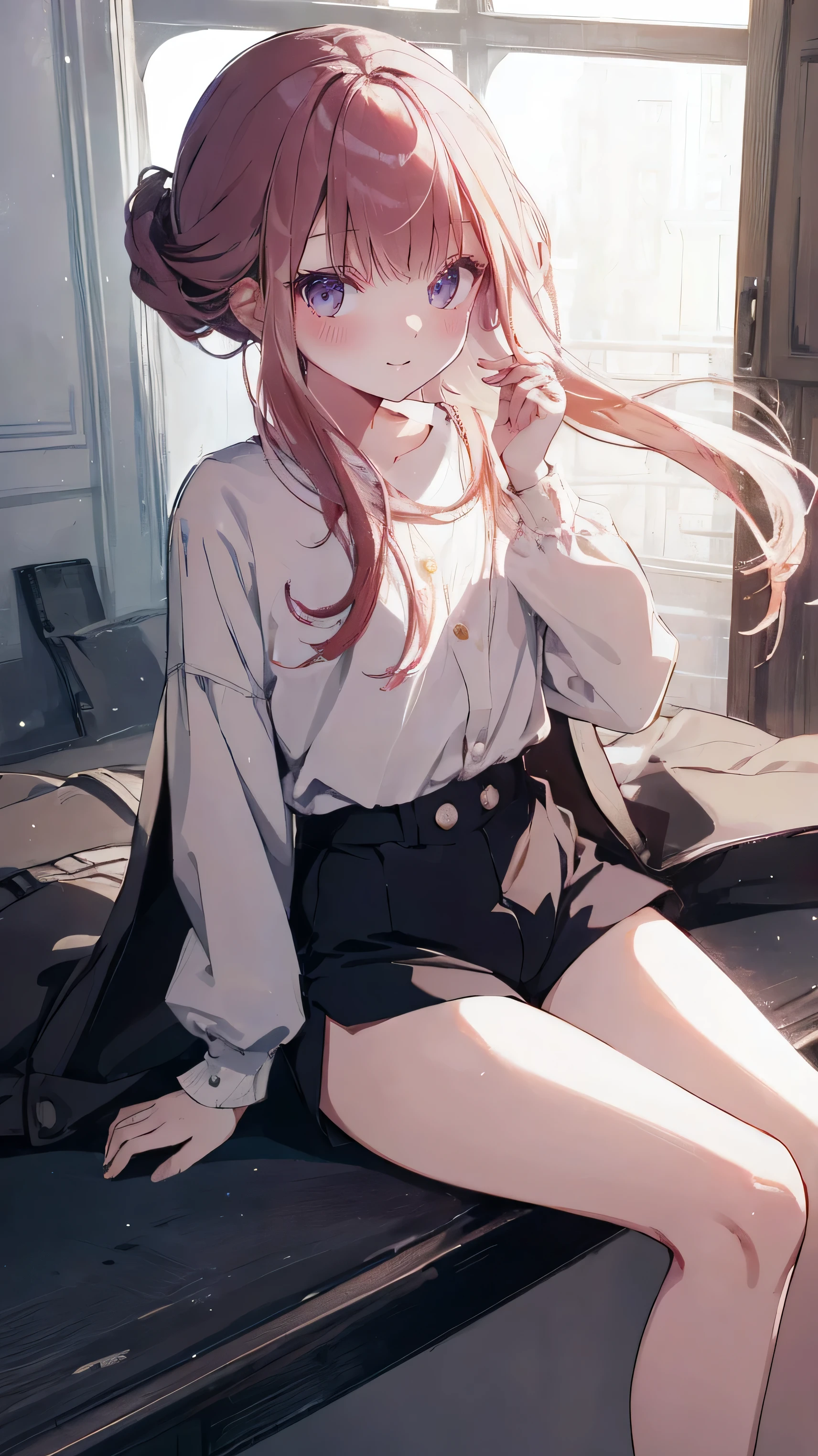 master piece、Highest image quality、highest quality、 ((panic))、glossy hair quality、small face、sitting、Super detailed and beautiful bright eyes、Super detailed clear and beautiful face、(cute illustration:1.2), High-resolution, ultra-detailed, best quality, embarrassed、(Gaps in shorts)、(cute underwear)