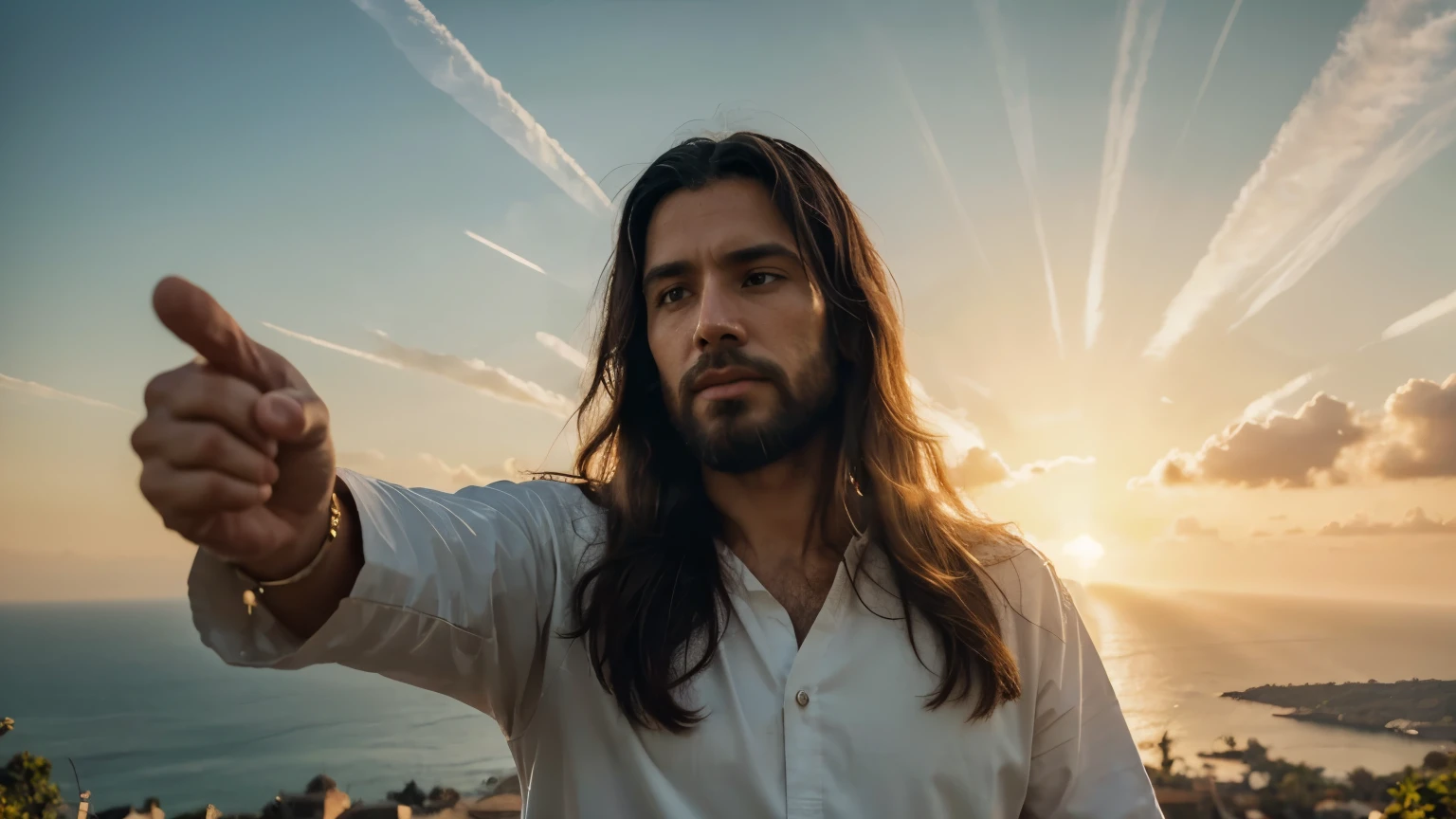 Generate an 8K image of Jesus Christ in prayer looking forward with his finger pointing up, com um fundo de natureza exuberante, Belo nascer do sol, Luz suave, cores intensas, realista, cinematic, horizonte angelical
