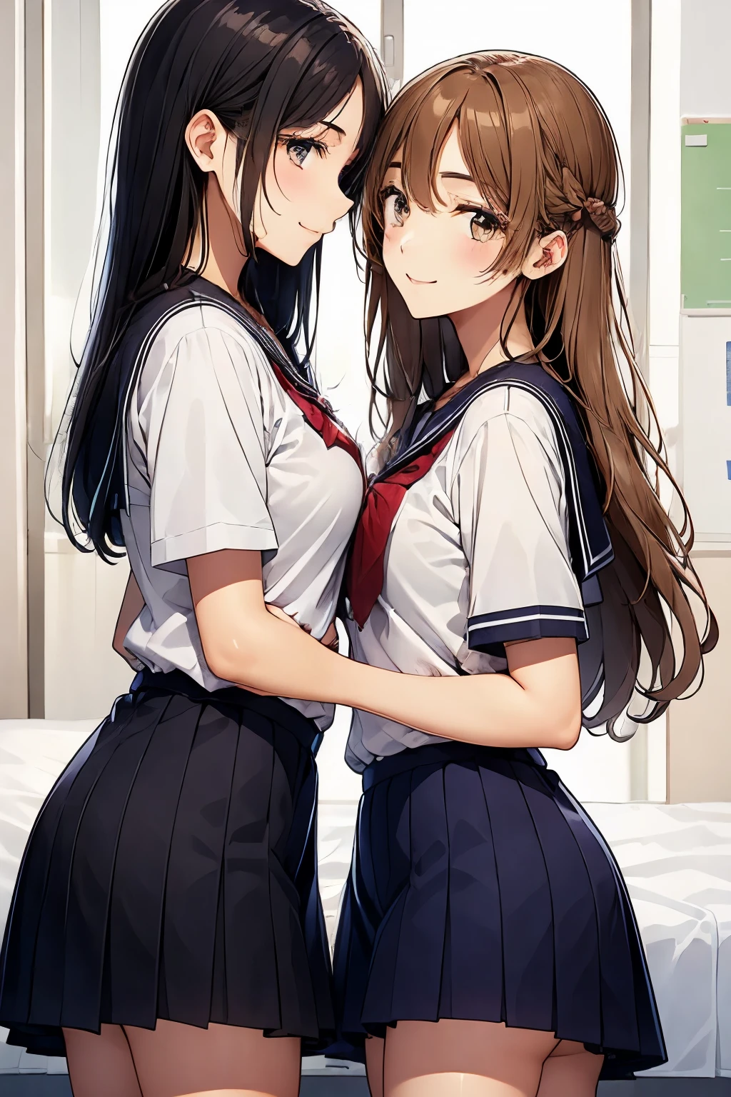 Two high school girls kissing、seductive smile、Bed in the school nurse&#39;s room