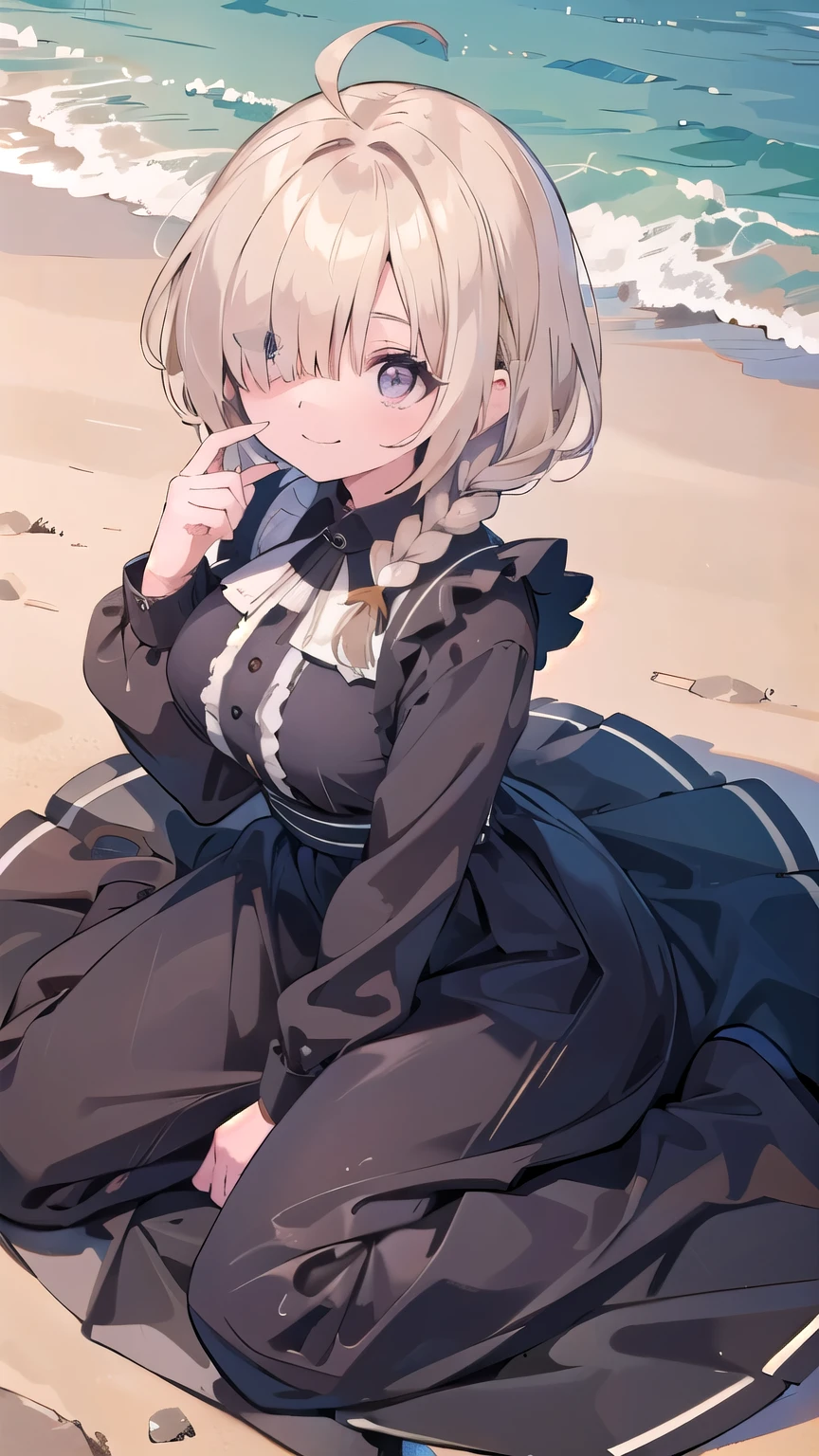 (masterpiece:1.2), (highest quality:1.2), perfect eyes, perfect face, perfect lighting, sunlight, outdoor, desert, 1 boy,blonde　red eye, ((((((hair over one eye)))))), Braid Styles, spiked hair, blunt bangs, bob hair, single braid, a braid, Ahoge, cute eyes, ruffle dress,  cute eyes, closed mouth, (From above), From the side, ((smile)), spoken heart, big breasts, wariza 