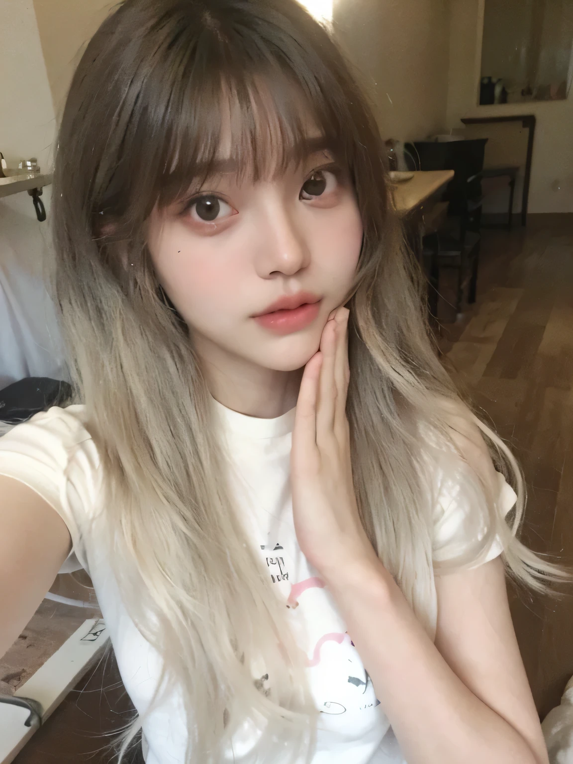 arafad woman,long blonde hair,wearing white shirt, Urzan, white hair bangs hair, Long white hair and bangs, Larissa Manobar, Have bangs, white bangs, Baiji haircut hairstyle, long hair Have bangs, lalitha manoban of blackpink, neat hair Have bangs, soft hair, korean girl, with long white hair