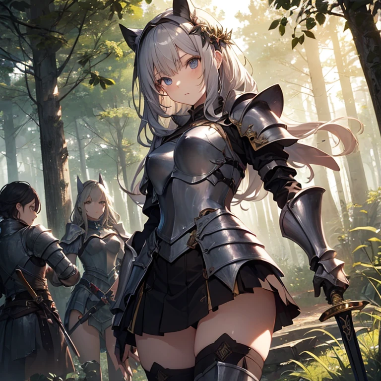 A group of young female knight, (in forest), various hair styles, harem, wearing armored clothes, metal armor, night, details face, , short skirt, seducing, sword, spreading legs, panties 
