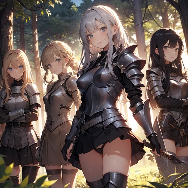 A group of young female knight, (in forest), various hair styles, harem, wearing armored clothes, metal armor, night, details face, , short skirt, seducing, sword, spreading legs, panties