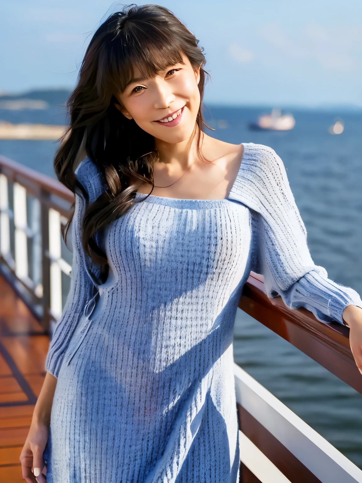 NSFW, ((Top Quality)), ((8K)), ((Masterpiece: 1.3)), (Perfect Appearance), (Photorealism: 1.6), (woman standing on the deck of a passenger ship), (A woman standing on the deck of a cruise ship), (stern), (A wake is visible behind the woman.), (woman standing by the railing), Japanese woman, (48 years old), married woman, smiling with lips slightly open, (Dimples: 1.2), (The bangs are swept to one side), long hair, unbound hair, (hair blowing in the wind), (knit dress:1.6), (deck shoes), ((whole body)),