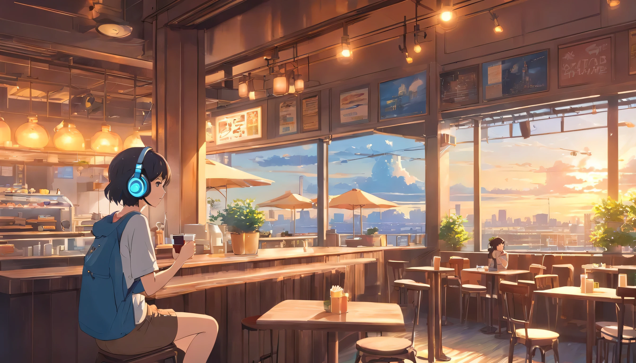 Urban cafe with terrace,wide々And in space , woman drinking coffee , wearing headphones , studio ghibli animation , warm sunshine , masterpiece