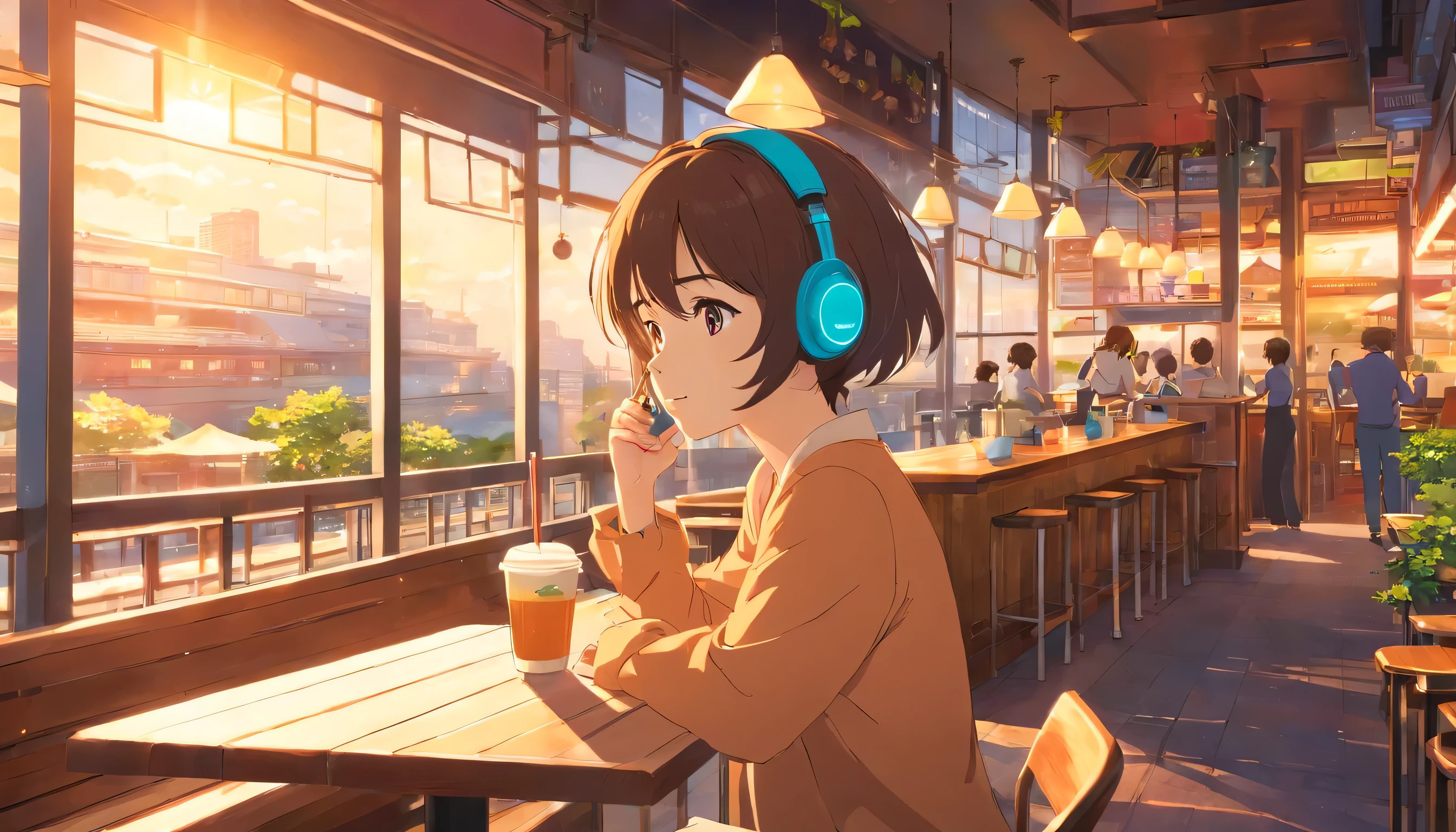 Urban cafe with terrace,wide々And in space , woman drinking coffee , wearing headphones , studio ghibli animation , warm sunshine , masterpiece