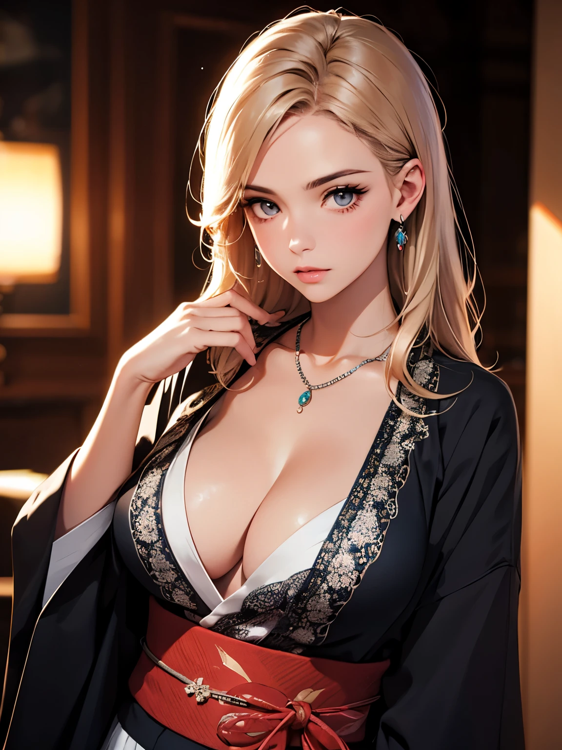 best quality, masterpiece, High resolution, a girl, kimono, necklace, jewelry, pretty face, big breasts, more than_Body, Tyndall effect, lifelike, dark studio, edge lighting, two-tone lighting, (HD skin: 1.2), 8K Ultra HD, SLR camera, soft light, high quality, Volumetric lighting, frank, photography, High resolution, 4K, 8K, Bokeh,