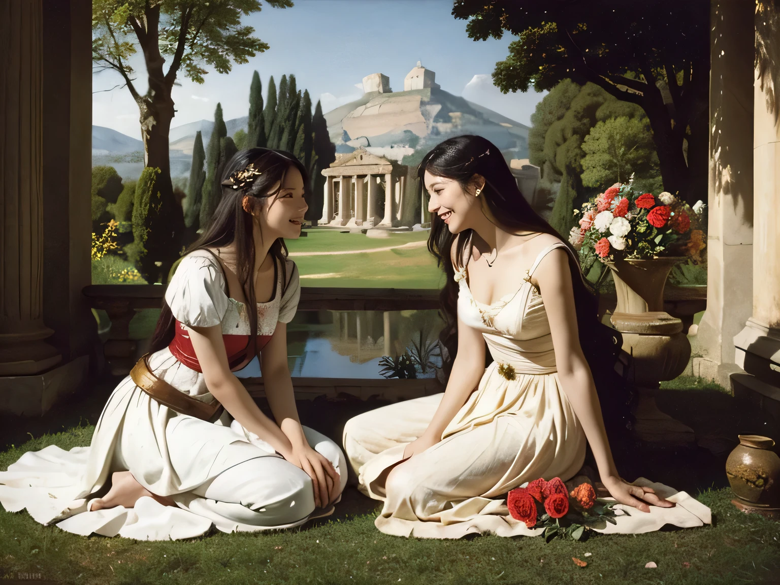 full body portrait or statue、Giorgione painting style,Arguments of two female Philosophe,math、astronomical machine、astronaut、roses in vase、fruits、Cute trinkets、smile、ancient greek costume、Ancient Roman landscape in the style of Nicolas Poussin,laughter,,Sweet and seductive appearance.、Caravaggio's paintings、Chiaroscuro of Caravaggio、hair tousled by the wind,Two women frolicking,cute smile, expression of ecstasy,Sexy,erotic