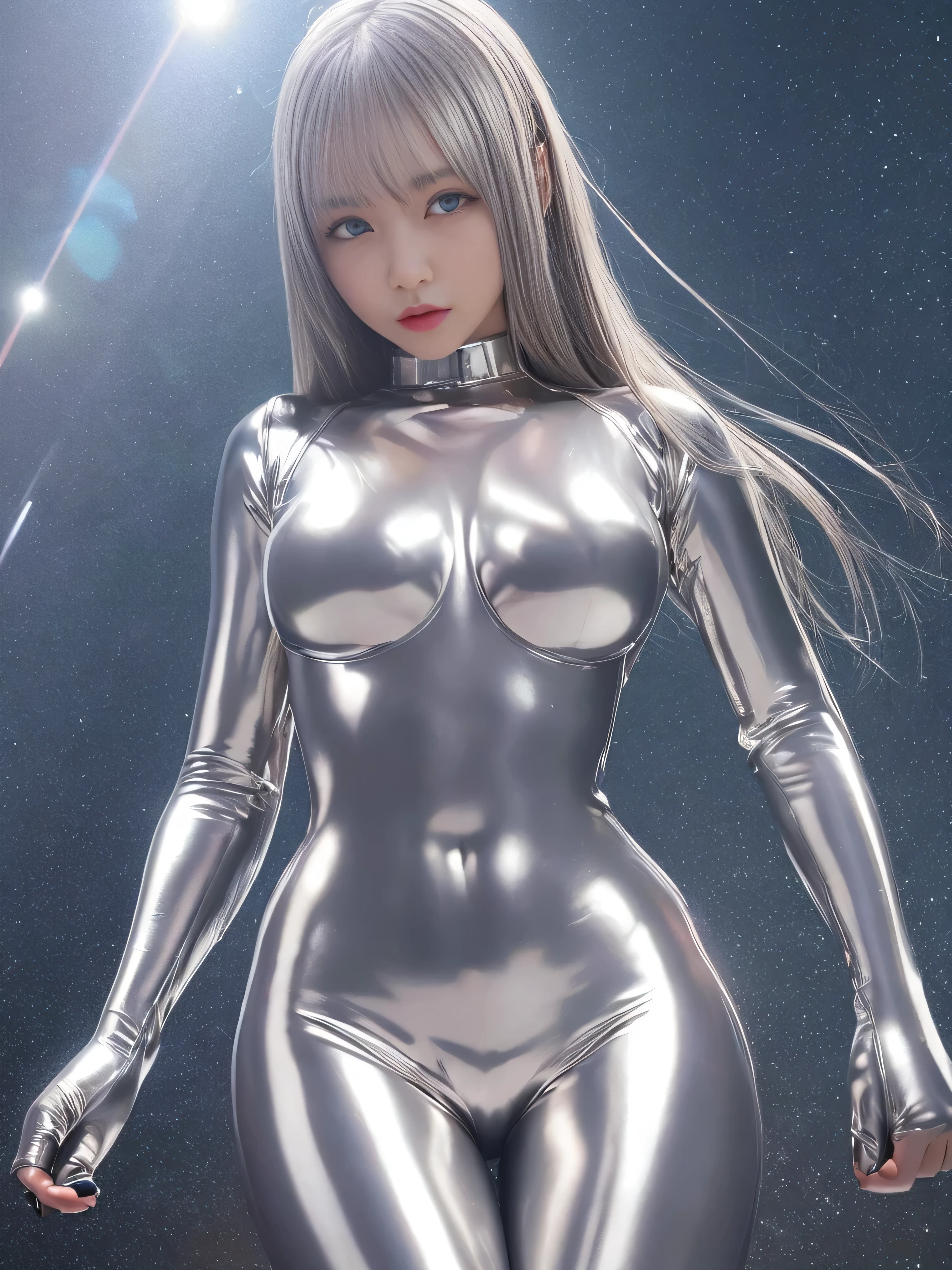 1 girl, Angelique A very beautiful and cute girl, detailed and beautiful eyes, fine double eyelids, (Big eyes:1.3), long brown straight hair, see through bang, shiny hair,(Ultra-shiny metallic silver full bodysuit:1.4),(Bodysuit only available in one color:Shiny Metallic Silver ) , ULTA tight-fitting bodysuit with ultra-thin ultra-reflective surfaces, (A thin bodysuit that clings to the body without gaps), (hard erect nipples:1.4), (nipples facing upwards:1.4), sharp focus, beautiful detailed face and eyes, droopy eyes , walking small nose, small mouth, huge breasts, Happy smile with visible teeth, ((highest quality)), Raw photo, High resolution, perfect details, professional photos, professional lighting,strong lighting on bodysuit,Lens flare,