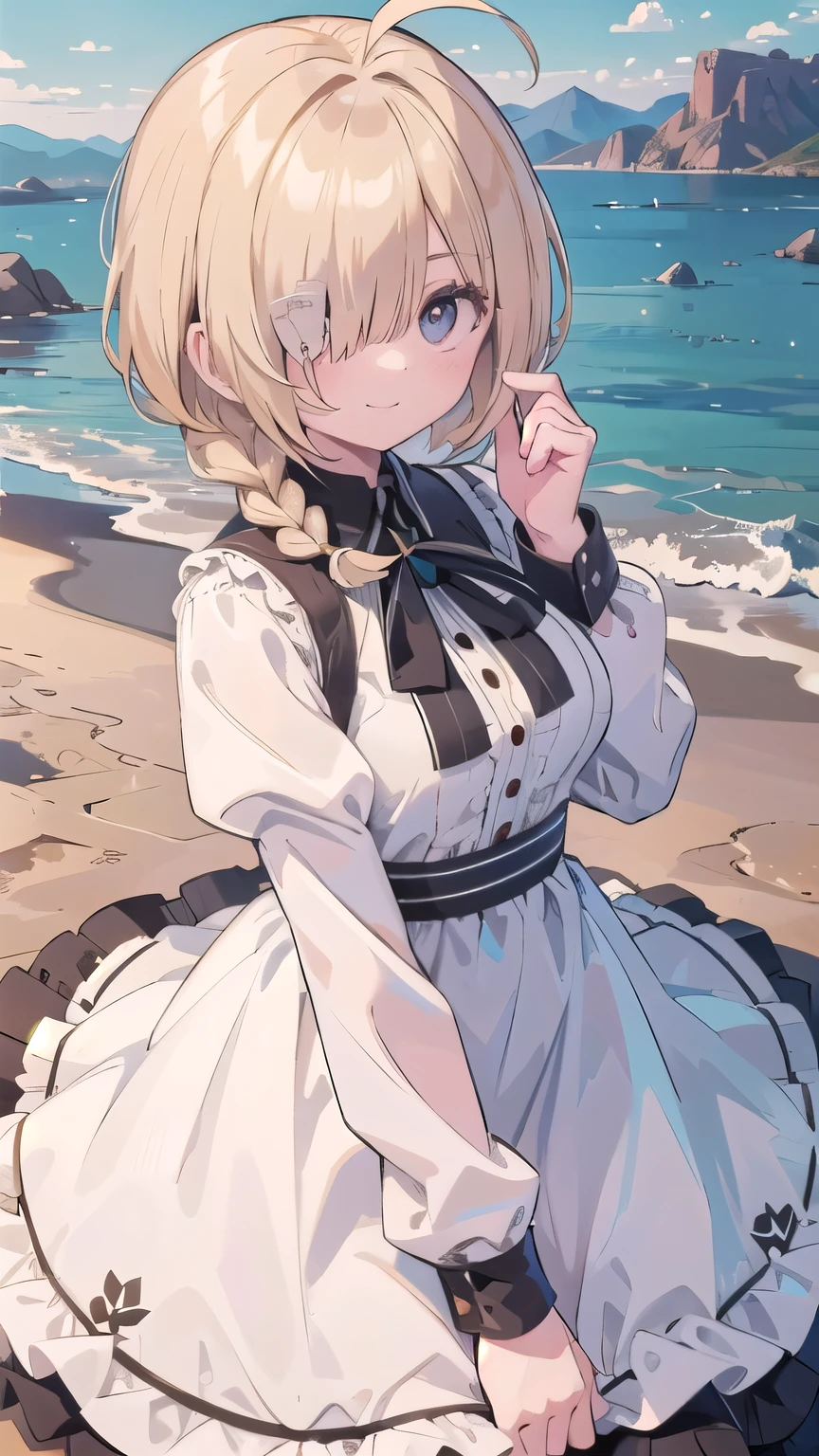 (masterpiece:1.2), (highest quality:1.2), perfect eyes, perfect face, perfect lighting, sunlight, outdoor, desert, 1 boy,blonde red eye, ((((((hair over one eye)))))), Braid Styles, spiked hair, blunt bangs, bob hair, single braid, a braid, Ahoge, cute eyes, ruffle dress, cute eyes, closed mouth, (From above), From the side, ((smile)), spoken heart, big breasts, wariza