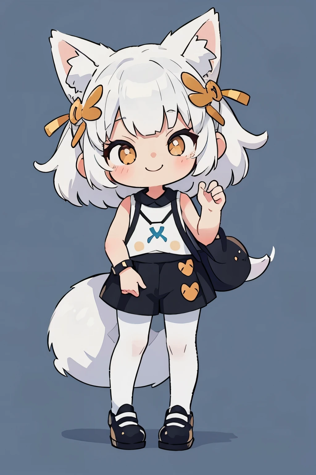 A girl with striking white hair、Fox ears and tail、hair ornaments、black pantyhose、sleeveless、smile、Cute shoes with accessories、hold one&#39;s knees