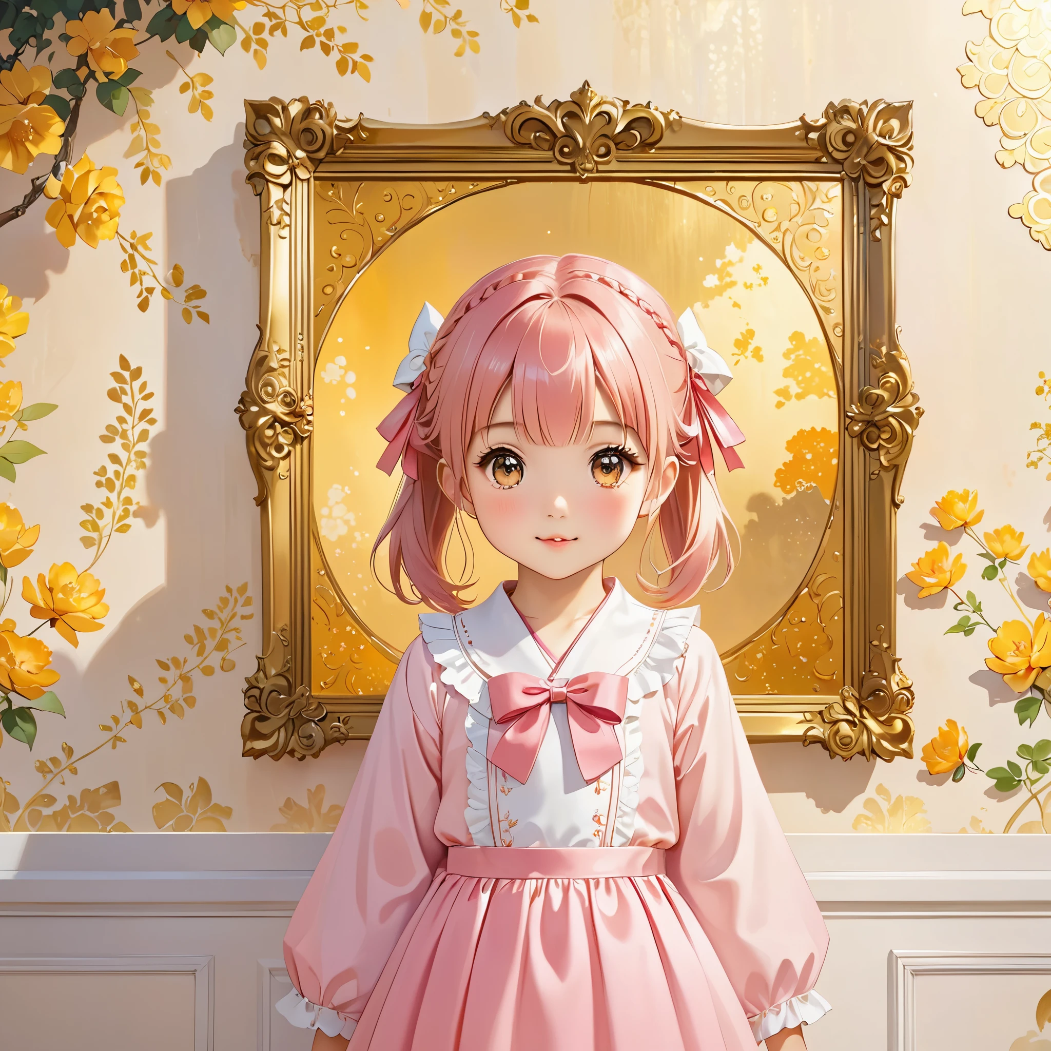 Genkami Fūkaku, Little Wan Loli, official Artwork, There is a painting hanging on the wall, ornate wall, Golden radiance, CG, Art