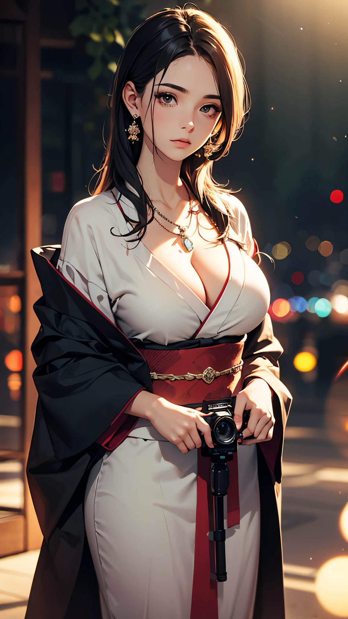 best quality, masterpiece, High resolution, a girl, kimono, necklace, jewelry, pretty face, big breasts, more than_Body, Tyndall effect, lifelike, dark studio, edge lighting, two-tone lighting, (HD skin: 1.2), 8K Ultra HD, SLR camera, soft light, high quality, Volumetric lighting, frank, photography, High resolution, 4K, 8K, Bokeh,