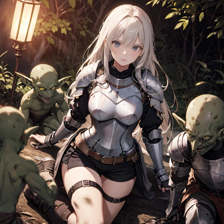 A female knight, (in forest), wearing armored clothes, metal armor, night, details face, , shorts, surrounded by goblins, various weapons, dirty, , tied wrist 