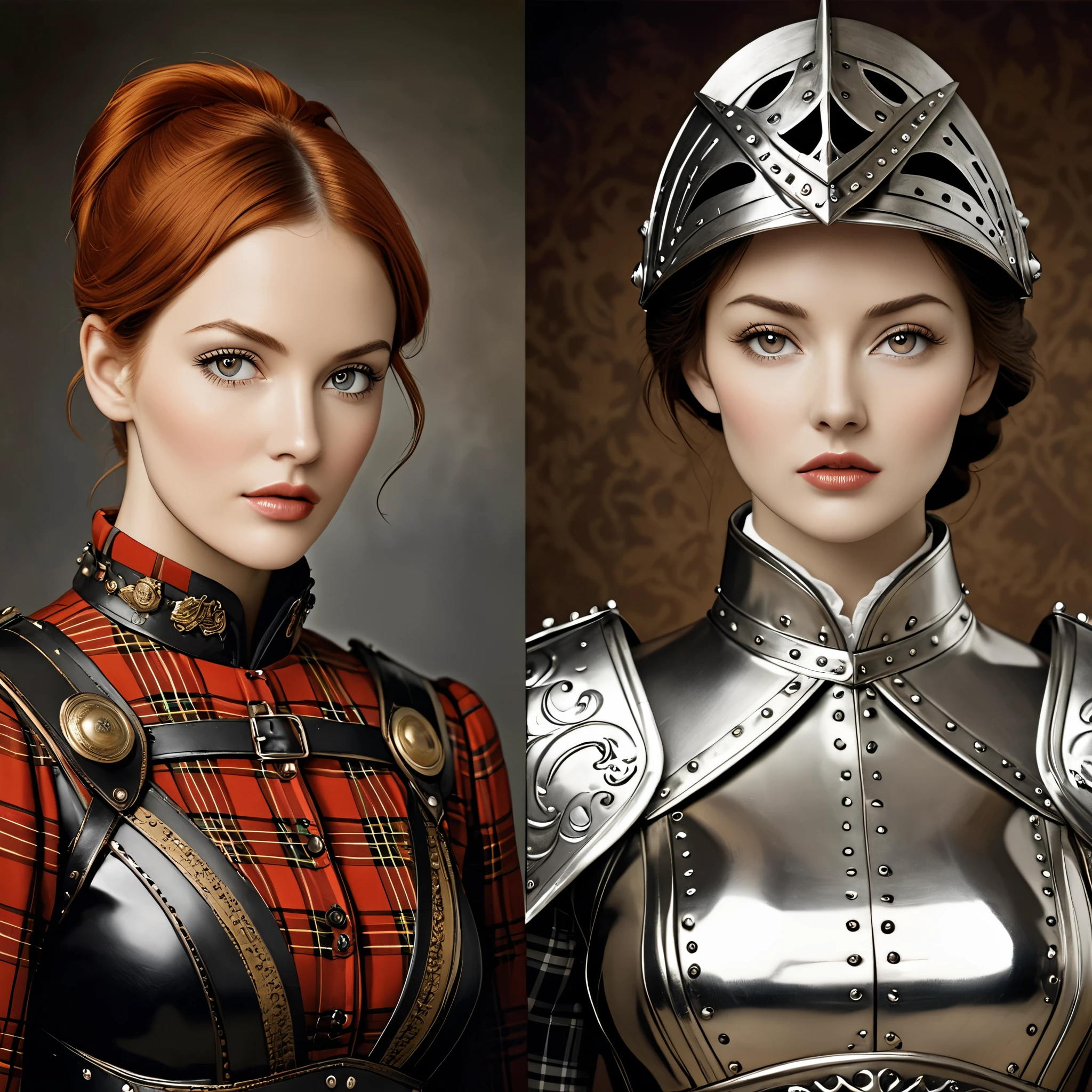 Side by side there is a and a woman in costume, Inspirations for Victorian Science Fiction, Hugh Kretschmer, tartan garment, wearing ornate armor, daguerreotype, 2009 Cinematography, Cinemascope lens, Black and white color photography, Fashion photography fine art, CG society!, Mad Max style, Scottish folklore, Kenny McBride