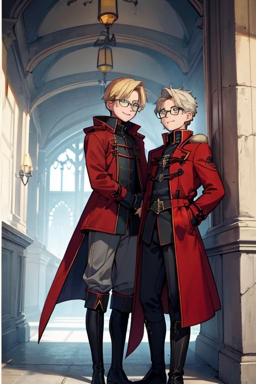 male, blonde short hair, blue eyes, (((1boy))), (((red gothic coat with yellow trim))), (black shirt), (grey pants), (black knee high boots), (glasses), long legs, smiling