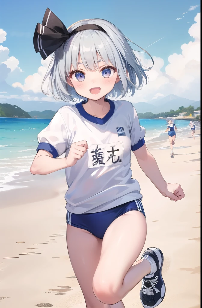 (((((whole body)))))、Youmu, This is a very cute gym uniform 、smile,、cowboy shot、Running on the beach、