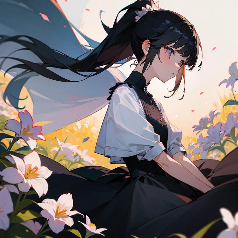 woman、black hair、ponytail、dress、flower