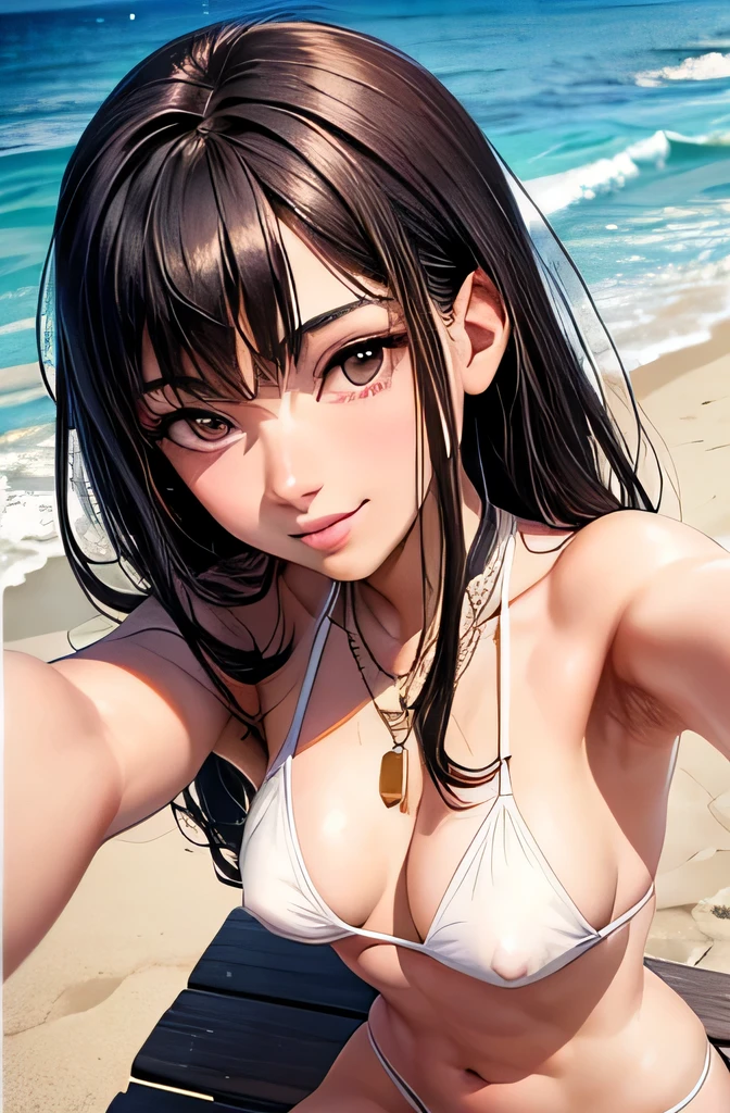 beautiful face,((cool beauty)),1 female,black hair,brown eyes,medium hair,summer sea,medium chest,white bikini,20th generation,no pubic hair,Height: 168cm,sharp outline,slim body,shy smile,whole body,cameltoe,erect nipples,sitting, (selfie:1.5)