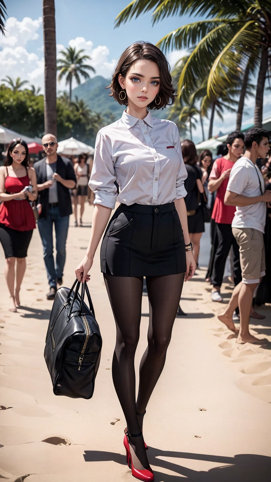 alone, full body,earrings, eyelash, pantyhose,, (beach,(Palm tree),crowd,(white shirt), Floral,red lips),sexy exciting smile,, (shiny skin:1.05),(blush:0.9),(skin dents:1.15),realistic, masterpiece, highest quality, High resolution,disorganized, (perfect face:1.1), (sharp focus:1.1),, Trending with ArtStation, Trending on CGsociety, Complex, high detail, sharp focus, dramatic,