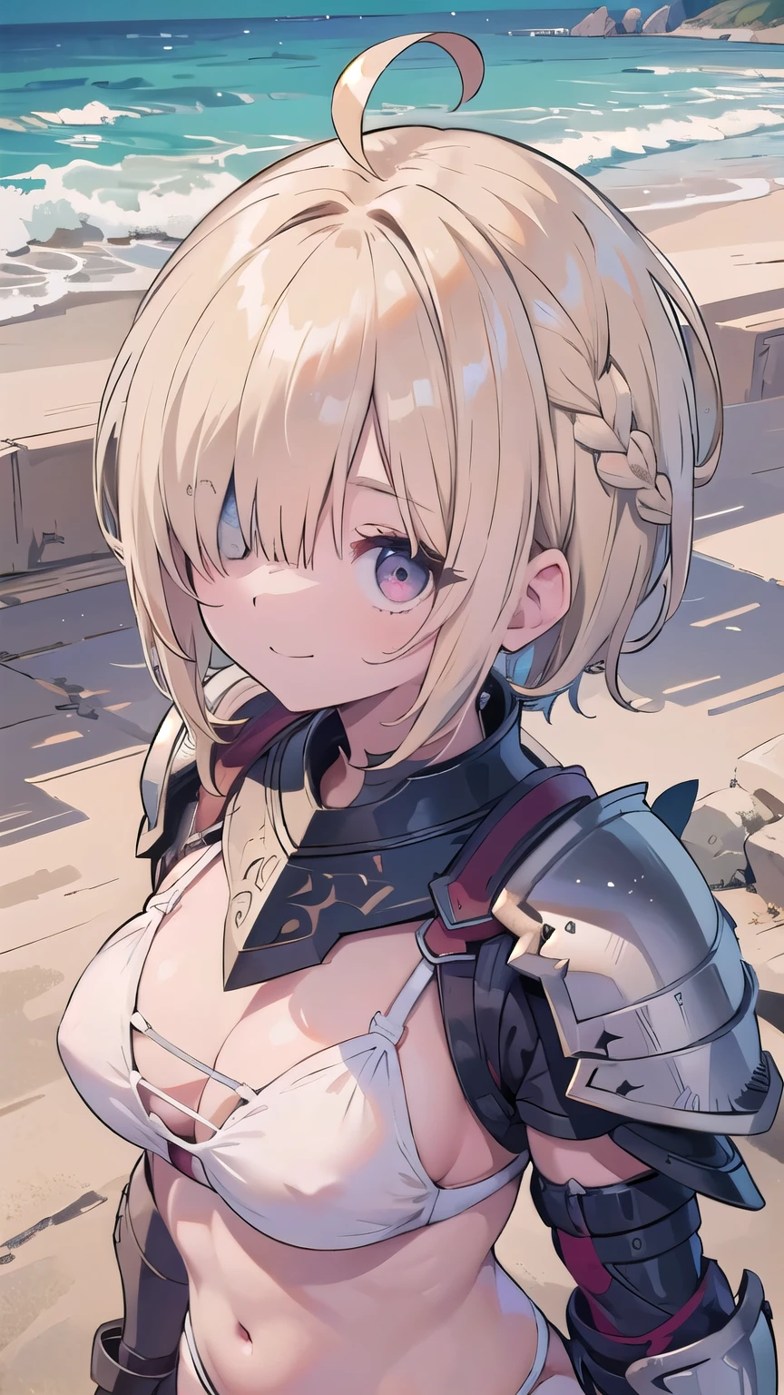 (masterpiece:1.2), (highest quality:1.2), perfect eyes, perfect face, perfect lighting, sunlight, outdoor, desert, 1 boy,blonde　red eye, ((((((hair over one eye)))))), Braid Styles, spiked hair, blunt bangs, bob hair, a braid, Ahoge, cute eyes,, ((((white bikini armor)))), cute eyes, closed mouth, ((from above)), ((front)), ((smile)), spoken heart, nipple, abs, (big breasts)