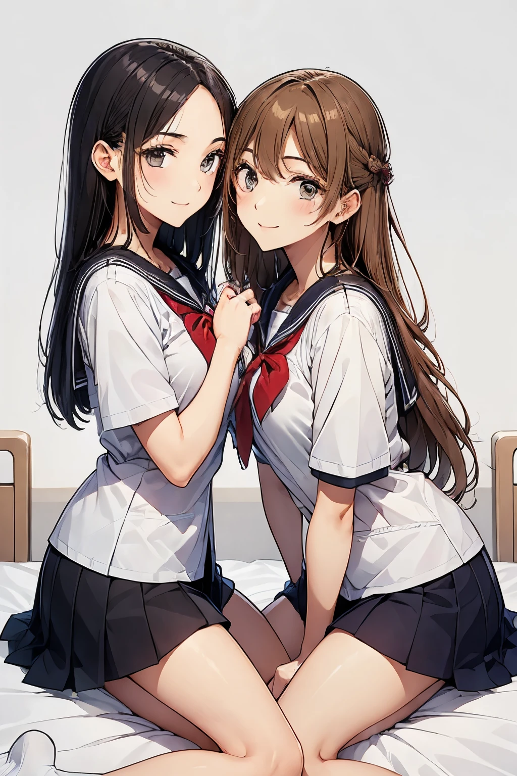 Two high school girls kissing、seductive smile、Bed in the school nurse&#39;s room