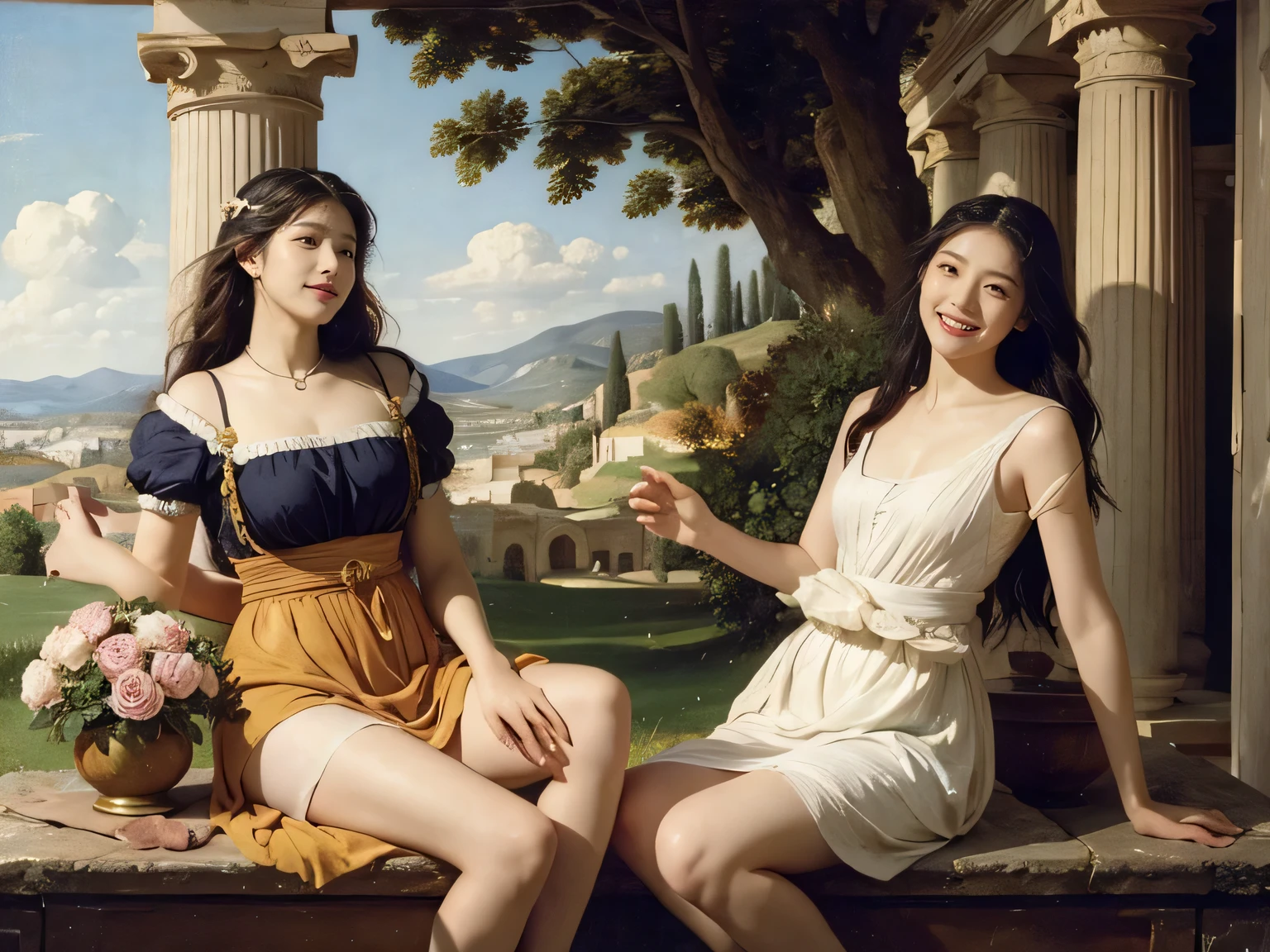 full body portrait or statue、Giorgione painting style,Arguments of two female Philosophe,math、astronomical machine、astronaut、roses in vase、fruits、Cute trinkets、smile、ancient greek costume、Ancient Roman landscape in the style of Nicolas Poussin,laughter,,Sweet and seductive appearance.、Caravaggio's paintings、Chiaroscuro of Caravaggio、hair tousled by the wind,Two women frolicking,cute smile, expression of ecstasy,Sexy,erotic