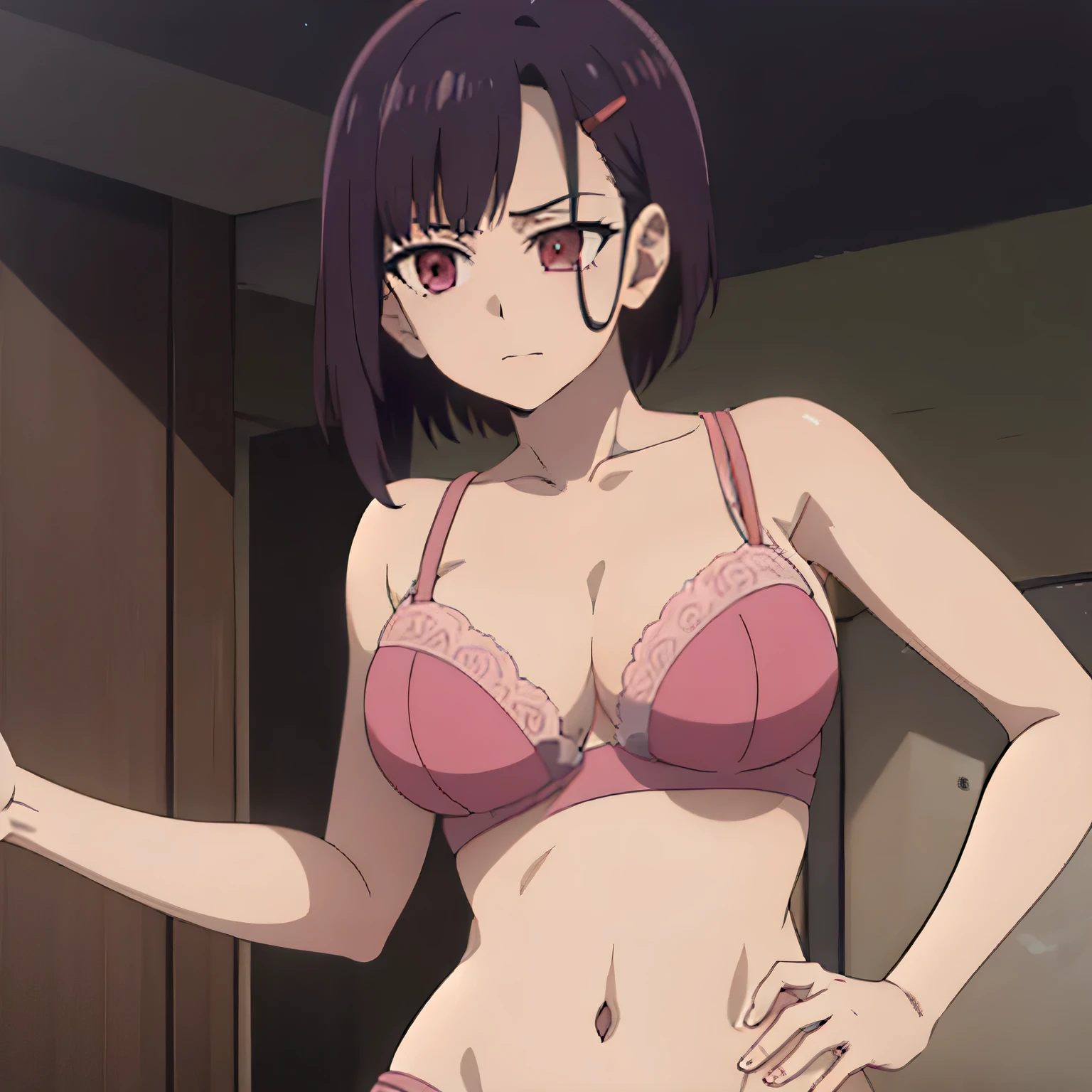 1girl, big breasts, wearing pink lace bra, pink lace thong, looking into viewer, shizuka mikazuki, short hair, purple hair, hair ornament, hairclip, (pink eyes:1.5), swept bangs, hands on hip