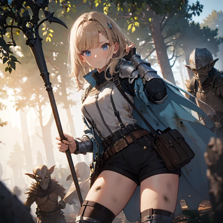 A female knight, (in forest), wearing armored clothes, metal armor, night, details face, , shorts, surrounded by goblins, various weapons, dirty, bdsm, tied wrist, hands up
