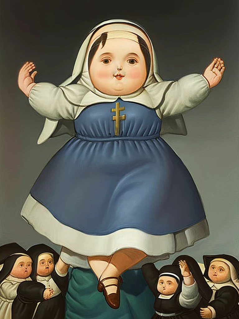 gquality, botero, nun, hands together, looking up, little angels dancing in the background