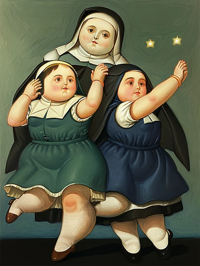 gquality, botero, nun, hands together, looking up, little angels dancing in the background