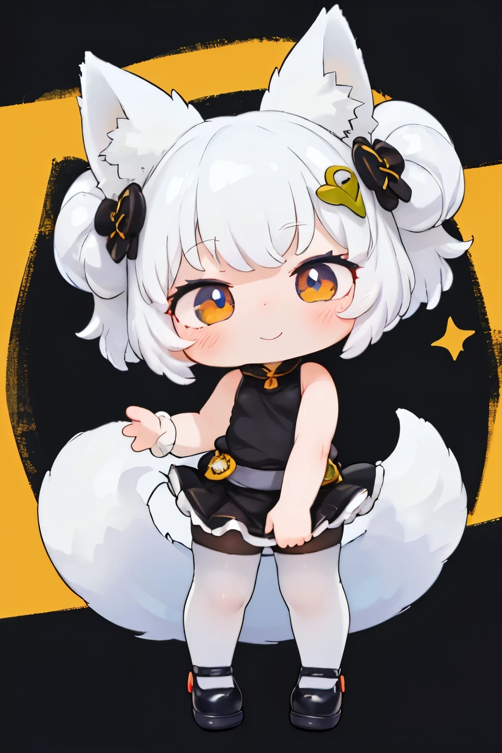A girl with striking white hair、Fox ears and tail、hair ornaments、black pantyhose、sleeveless、smile、Cute shoes with accessories、hold one's knees