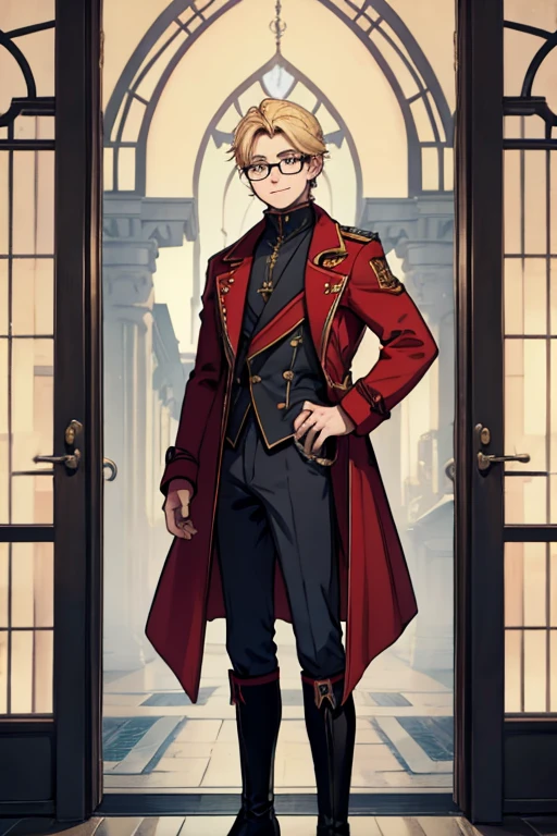 male, blonde short hair, blue eyes, (((1boy))), (((red gothic coat with yellow trim))), (black shirt), (grey pants), (black knee high boots), (glasses), long legs, smiling