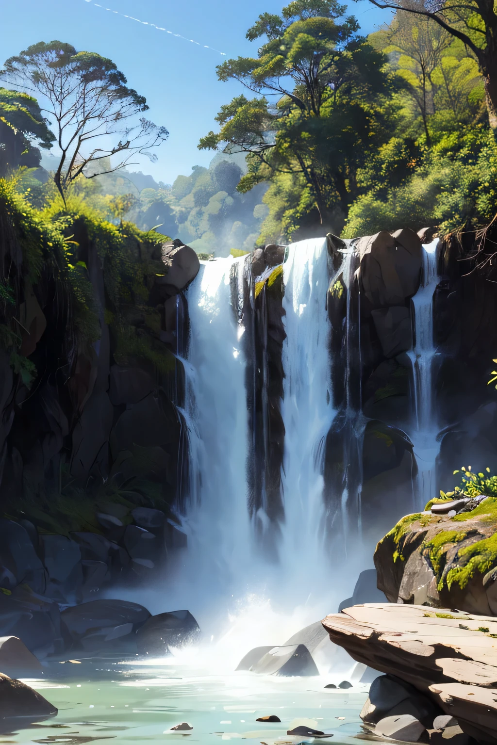 ((Melhor qualidade)), ((obra de arte)), (detalhado), Floresta, mata, neblina, blue sky, cachoeira, waters, flores