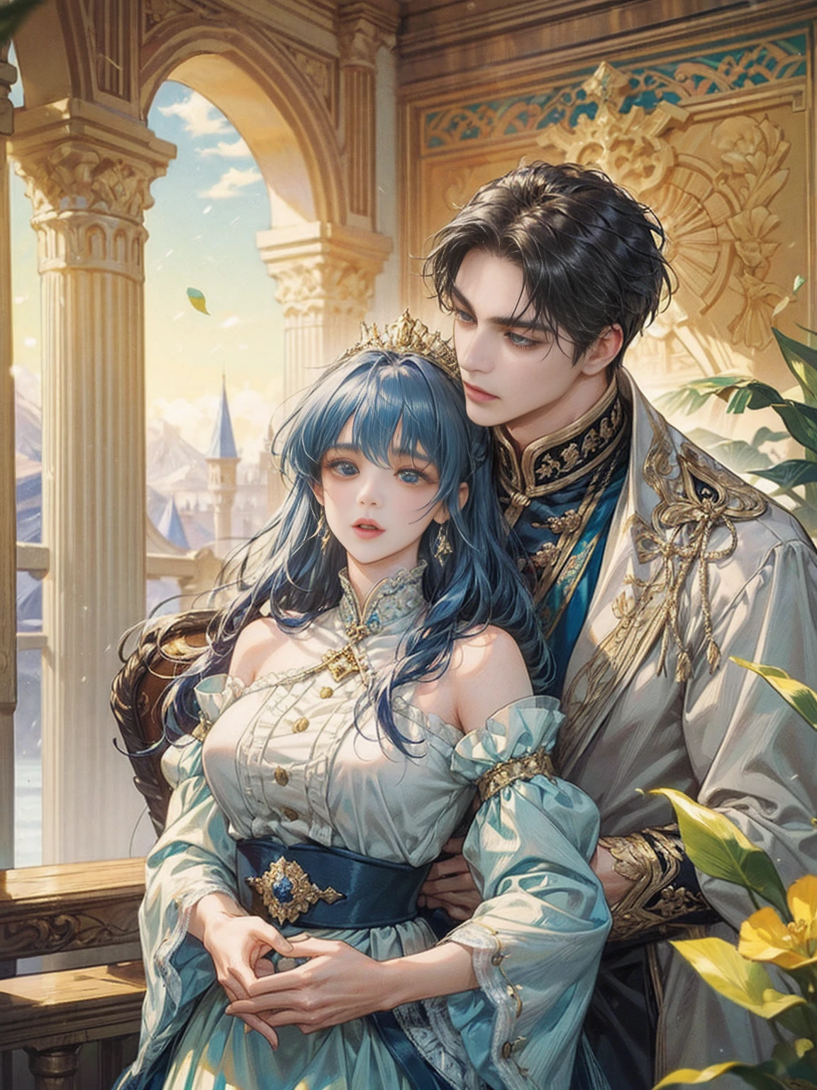 An intimate encounter between a man and a woman unfolds in a heartwarming and enchanting scene.。The stage is、steppe of central asia。The banks of the great river sparkling in the sunlight。Fantastic and majestic continental scenery。Creates a romantic atmosphere。 They stand facing each other,。their heights are different from each other。 emphasizes their unique physical characteristics。 That man is his height,Has dark hair that frames his striking face。The man is the crown prince of a steppe nomadic empire.。The man was wearing an ultramarine costume.、It is decorated with intricate golden embroidery.。A woman is a civilian in the oasis and is wearing Uyghur national costume.。The woman is delicate and .。Show off your radiant beauty with flowing, brightly colored hair. Their lips meet in a passionate kiss。 their pure love、Emphasis is placed on transcending class and culture.。 This magical moment captures the essence of their love,。evokes a feeling of sweetness and enchantment。symbolism、Impressionism、romantic、Persian miniature、Reminiscent of the style of Alma Tadema and Gustave Moreau、delicate、beautiful、It has an exotic, luxurious and profound charm.。