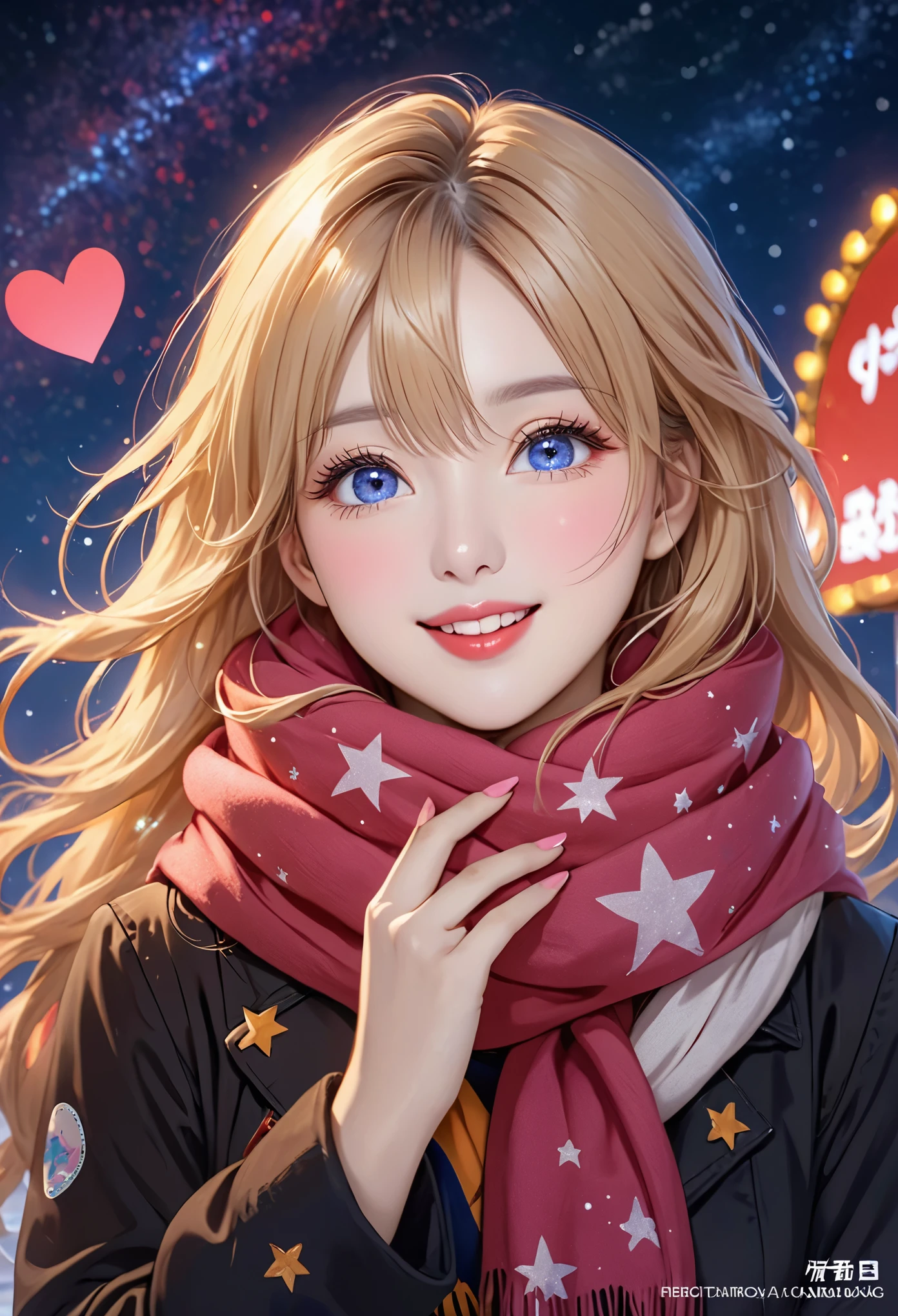 1 girl, ahog, Bangs, blonde hair, blow a kiss, blue eyes, blue scarf, brown scarf, split, Keep your mouth shut, eyelash, Face, flowing hair, hair between eyes, Heart, lips, lipstick, long hair, looking at the audience, cosmetic, night Sky, nose, one eye closed, orange scarf, pink lips, pink scarf, portrait, purple eyes, actual, red lips, red scarf, scarf, sign, Smile, alone, space, spoken Heart, Star (Sky), Starry Sky, Upper body, watermark, yang xiao long, yellow scarf