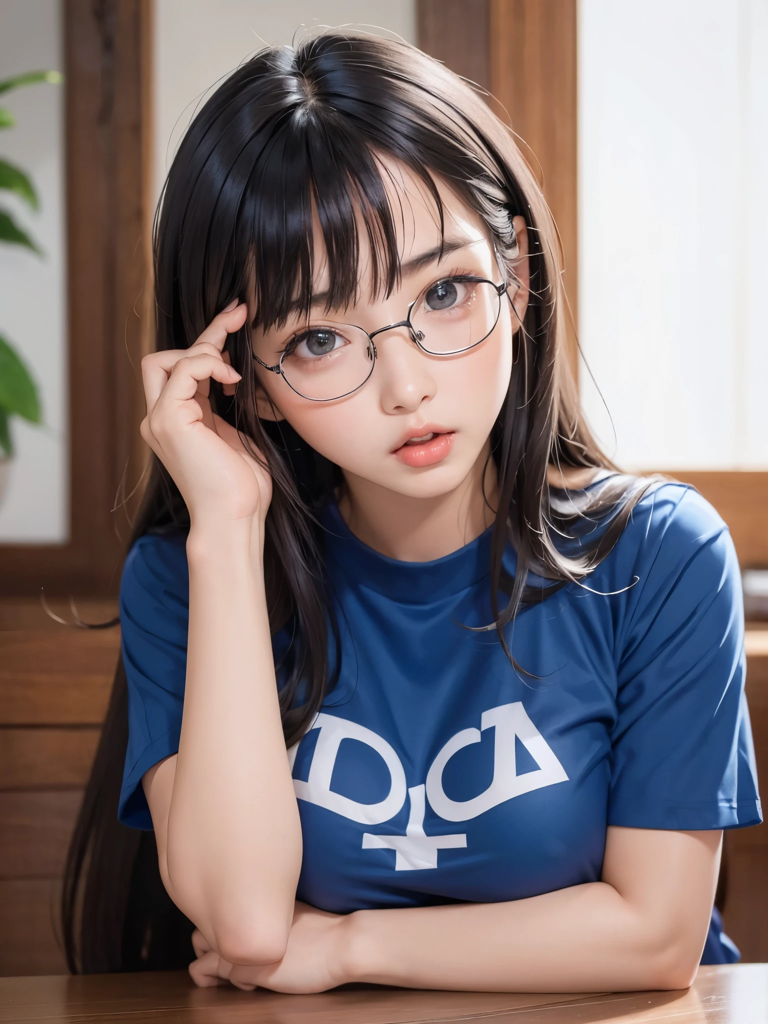 ((master piece))、pout a little、(best quality)、reflex hair、((super detailed))、((beautiful girl))、beautiful and fine eyes、(looking at the viewer)、 lewd pose、big breast body、(realistic black hair)、bright、Sharp glasses、(blue、big shirt)