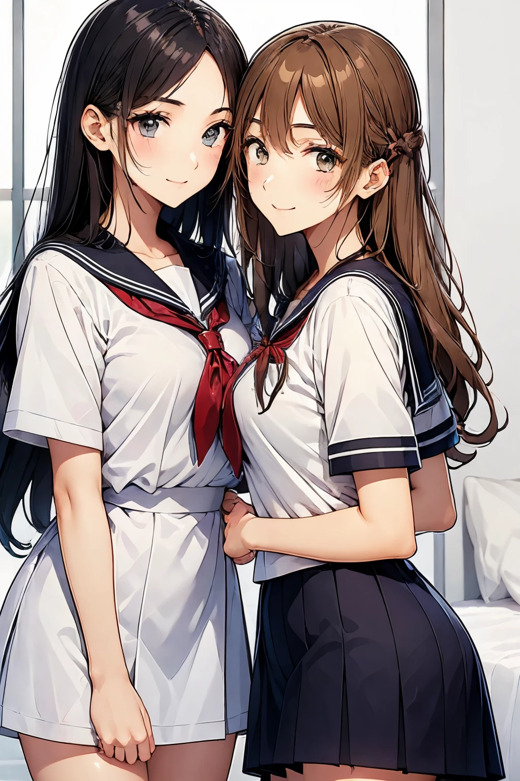 Two high school girls kissing、seductive smile、Bed in the school nurse's room