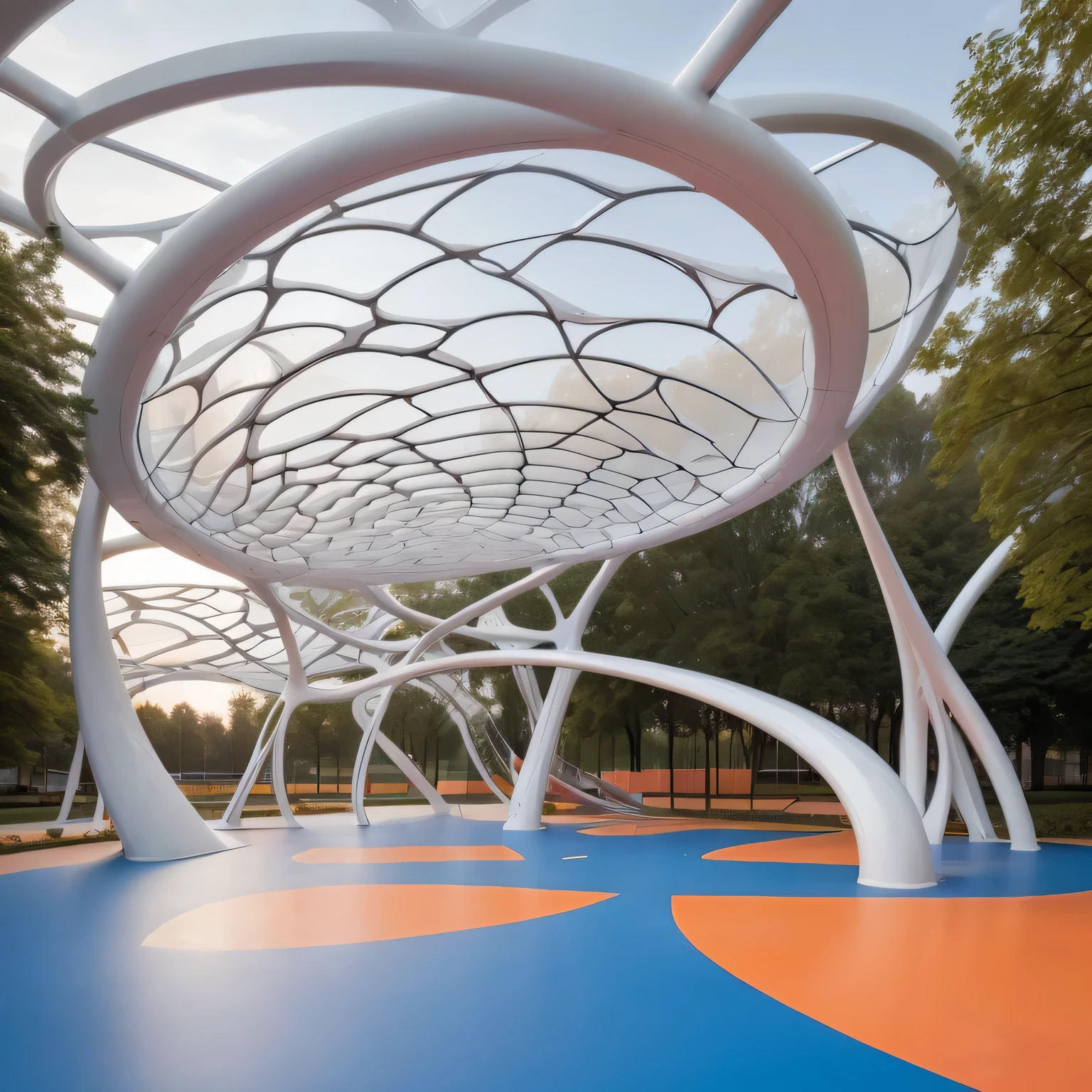 There is a spiral sculpture in the park, by Zha Shibiao, Voronoi, surreal canopy, tree building, Parametric structure, Curved geometric arches, Web portals. Zaha Hadid, canopy, inspired by Zha Shibiao, public art, High quality architectural art, Anton Fedeev, pavilion, detailed structure