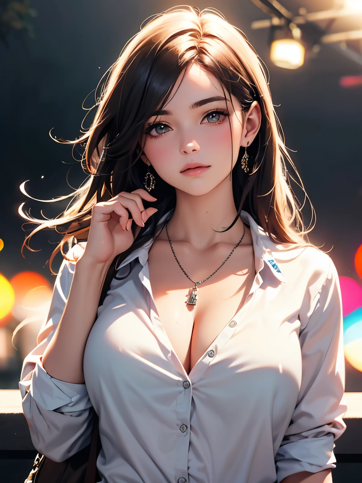 best quality, masterpiece, High resolution, a girl, Men's white collar shirt, necklace, jewelry, pretty face, big breasts, more than_Body, Tyndall effect, lifelike, dark studio, edge lighting, two-tone lighting, (HD skin: 1.2), 8K Ultra HD, SLR camera, soft light, high quality, Volumetric lighting, frank, photography, High resolution, 4K, 8K, Bokeh,