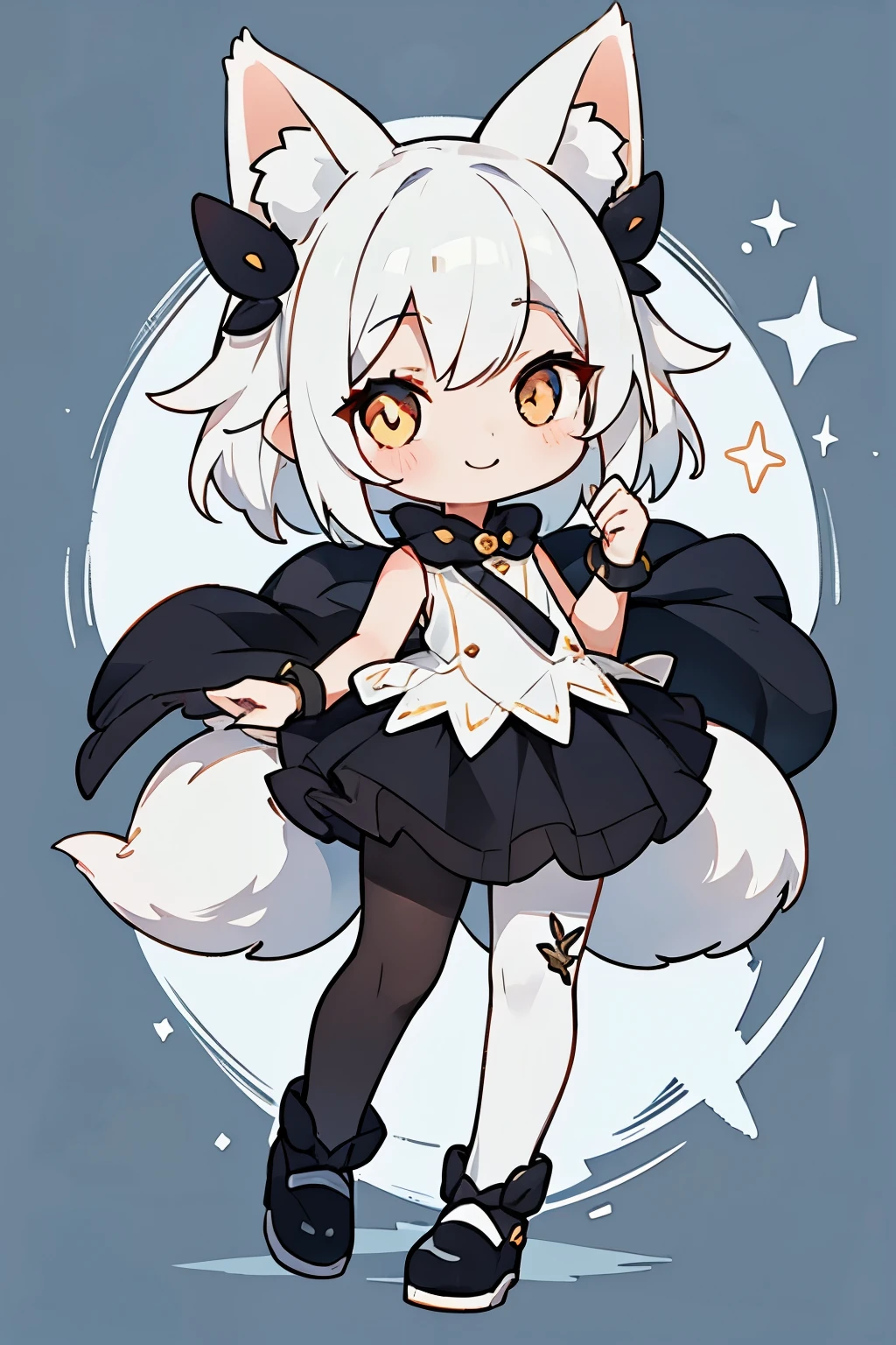 A girl with striking white hair、Fox ears and tail、hair ornaments、black pantyhose、sleeveless、smile、Cute shoes with accessories、hold one&#39;s knees