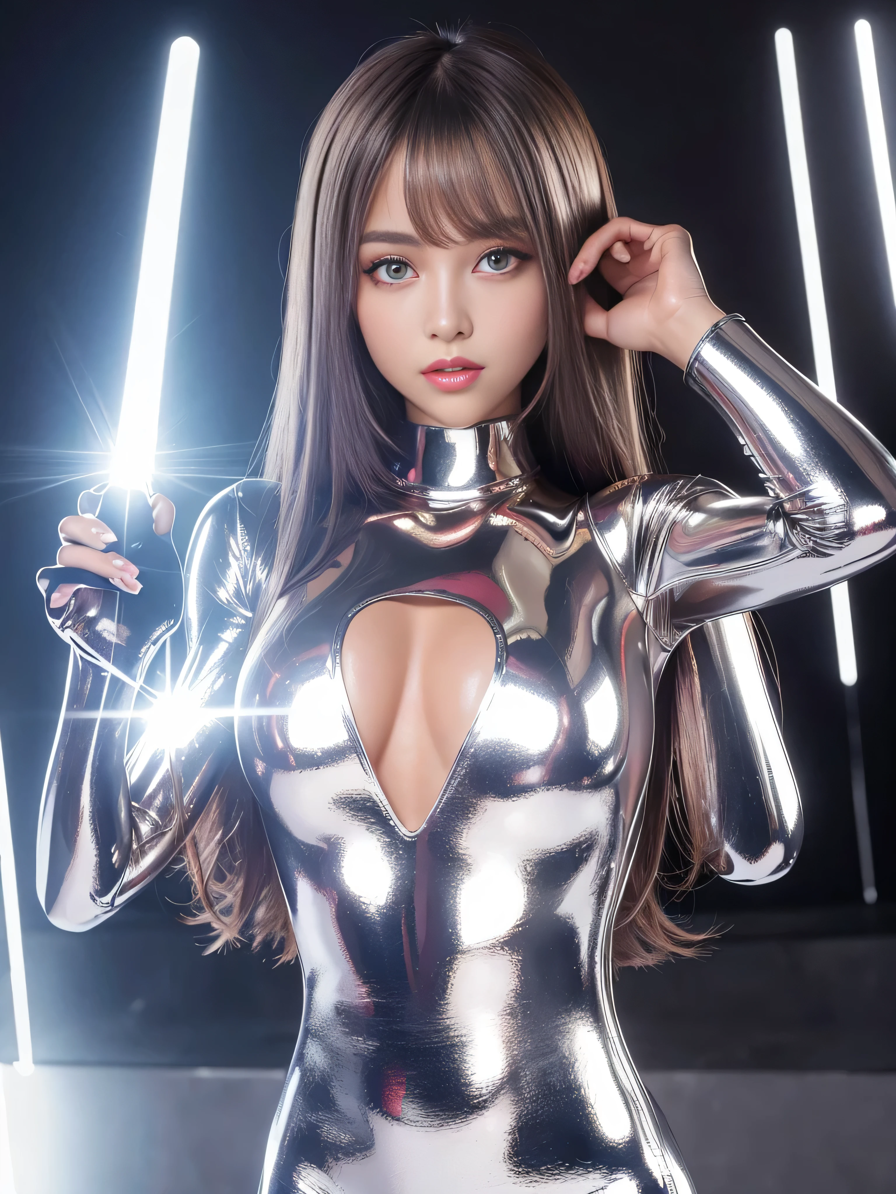1 girl, Angelique A very beautiful and cute girl, detailed and beautiful eyes, fine double eyelids, (Big eyes:1.3), long brown straight hair, see through bang, shiny hair, (hard erect nipples:1.4), (nipples facing upwards:1.4), (full nude:1.4), sharp focus, beautiful detailed face and eyes, droopy eyes ,(Thin latex super shiny metallic silver full bodysuit:1.4),(Bodysuit only available in one color:Shiny Metallic Silver ) , ULTA tight-fitting bodysuit with ultra-thin ultra-reflective surfaces, (A thin bodysuit that clings to the body without gaps), walking small nose, small mouth, huge breasts, Happy smile with visible teeth, ((highest quality)), Raw photo, High resolution, perfect details, professional photos, professional lighting,strong lighting on bodysuit,Lens flare,