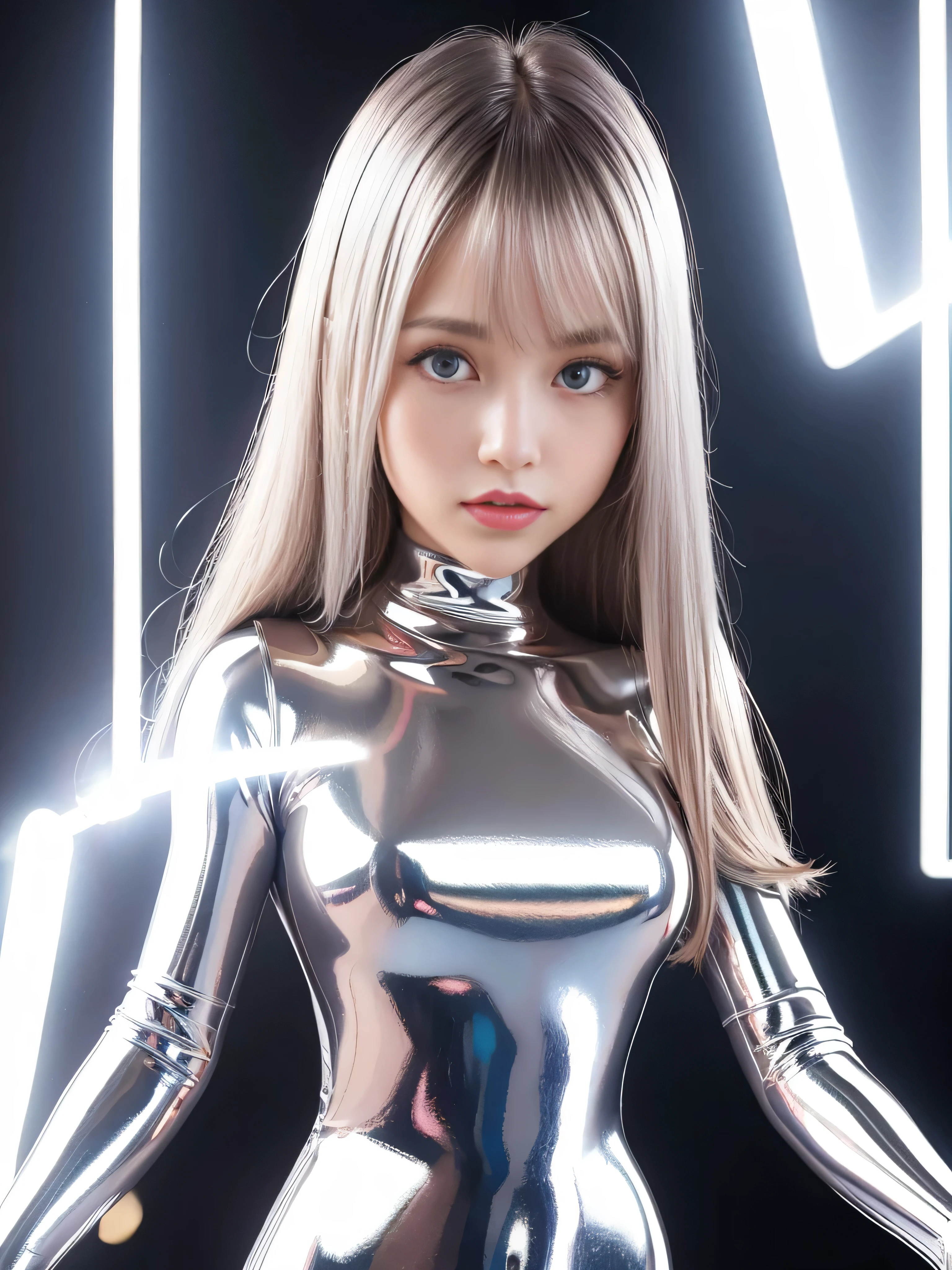 Realistic, Realism, 16K quality, (Very absurd quality, Very detailed detail, Hyper Resolution, Crisp and sharp focus, Not blurry, (realistic brown_eye:1.35)), (Very detailed, Beautiful little nose:1.2), (Perfect composition), Written boundary depth, Cinematic Light, (Very beautiful face, Beautiful Lips , Beautiful eye), Exquisitely detailed face, best high quality real texture skin:1.3, Woman with velvet skin:1.33), ((best high quality real texture hair)), (A mix of blonde and red), (Medium Straight Hair), (Very detailed:1.38), Photos of the most beautiful works of art in the world, Professional photography, Portrait taken with a digital SLR, Soft lighting, high quality, dramatic, (Anatomically correct, Perfect Proportions), ((Perfect hands:1.2)), (Super beautiful face: 1.33), ((Perfect female body:1.4)), cute, ((Firm and full breasts)), (the most absurd quality perfect eye:1.35), ((Super beautiful cute sharp face)), (Light pale complexion), Transparent color PVC (Ultra Shiny Gold Transparent Holographic Full Bodysuit:1.3) , Ultra tight fitting bodysuit with ultra reflective surface, ((Upper Body Shot)), (Browsing Caution:1.3) (naked, Nipples, naked feet),
