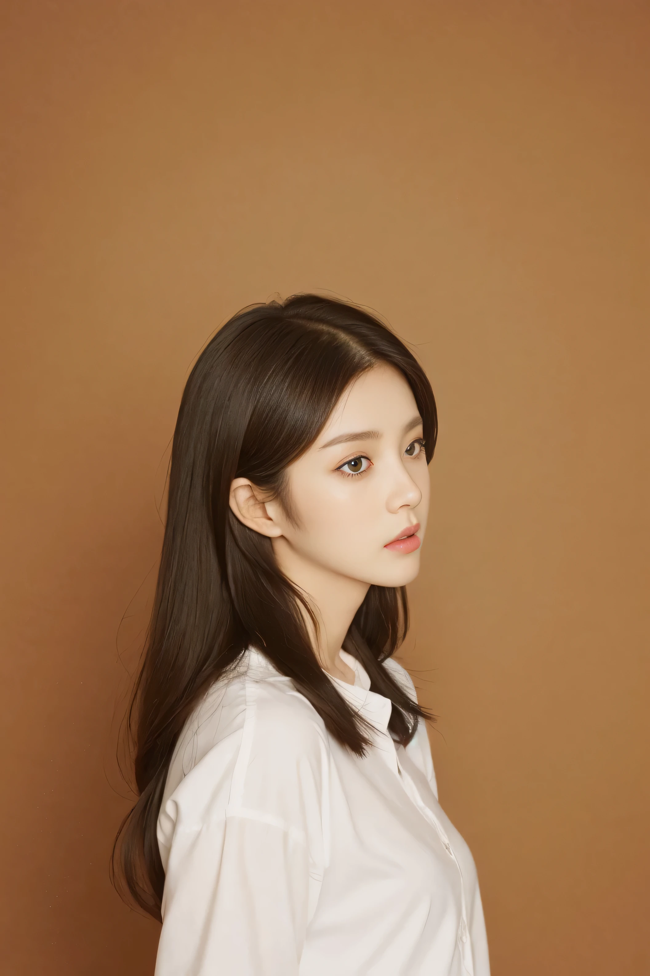 1 girl, alone, , actual, brown background, brown eyes, Upper body, black hair, brown hair, shirt, white shirt, long sleeve,