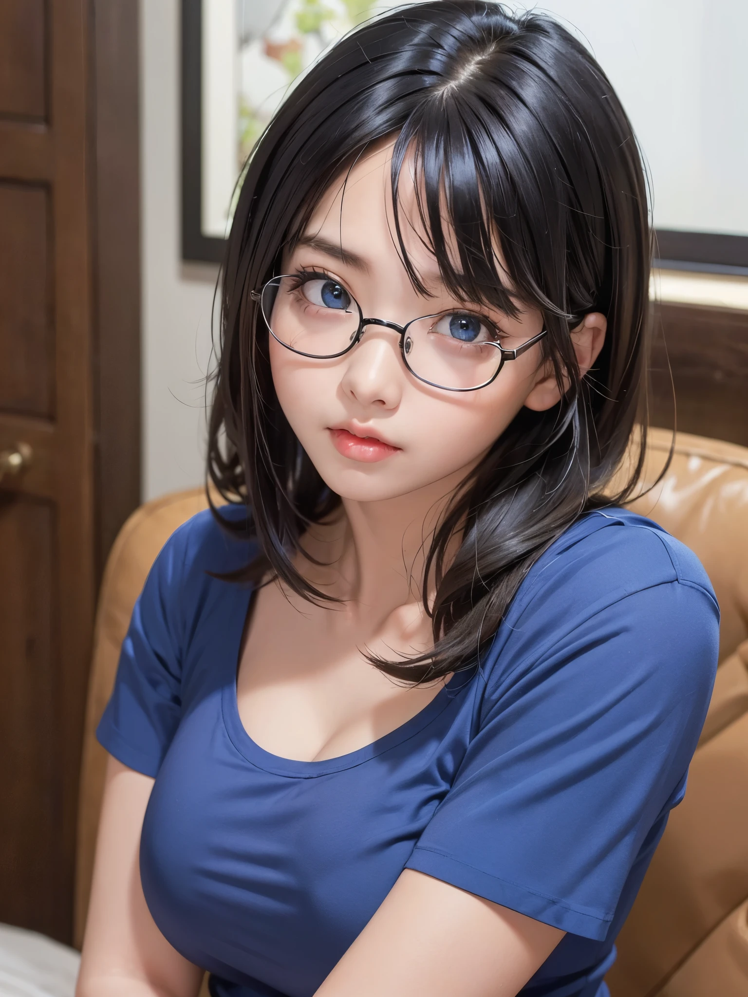 ((master piece))、pout a little、(best quality)、reflex hair、((super detailed))、((beautiful girl))、beautiful and fine eyes、(looking at the viewer)、 lewd pose、big breast body、(realistic black hair)、bright、Sharp glasses、(blue、big shirt)