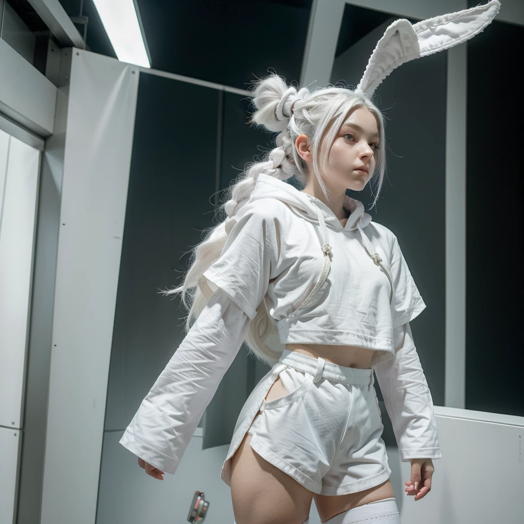 shaman girl with white hair braided in a ponytail on the left side to one side. bunny ears folded back. pale violet eyes. in short white shorts. long white T-shirt. white knee-high socks. white long robe with hood. white corridor with space stairs